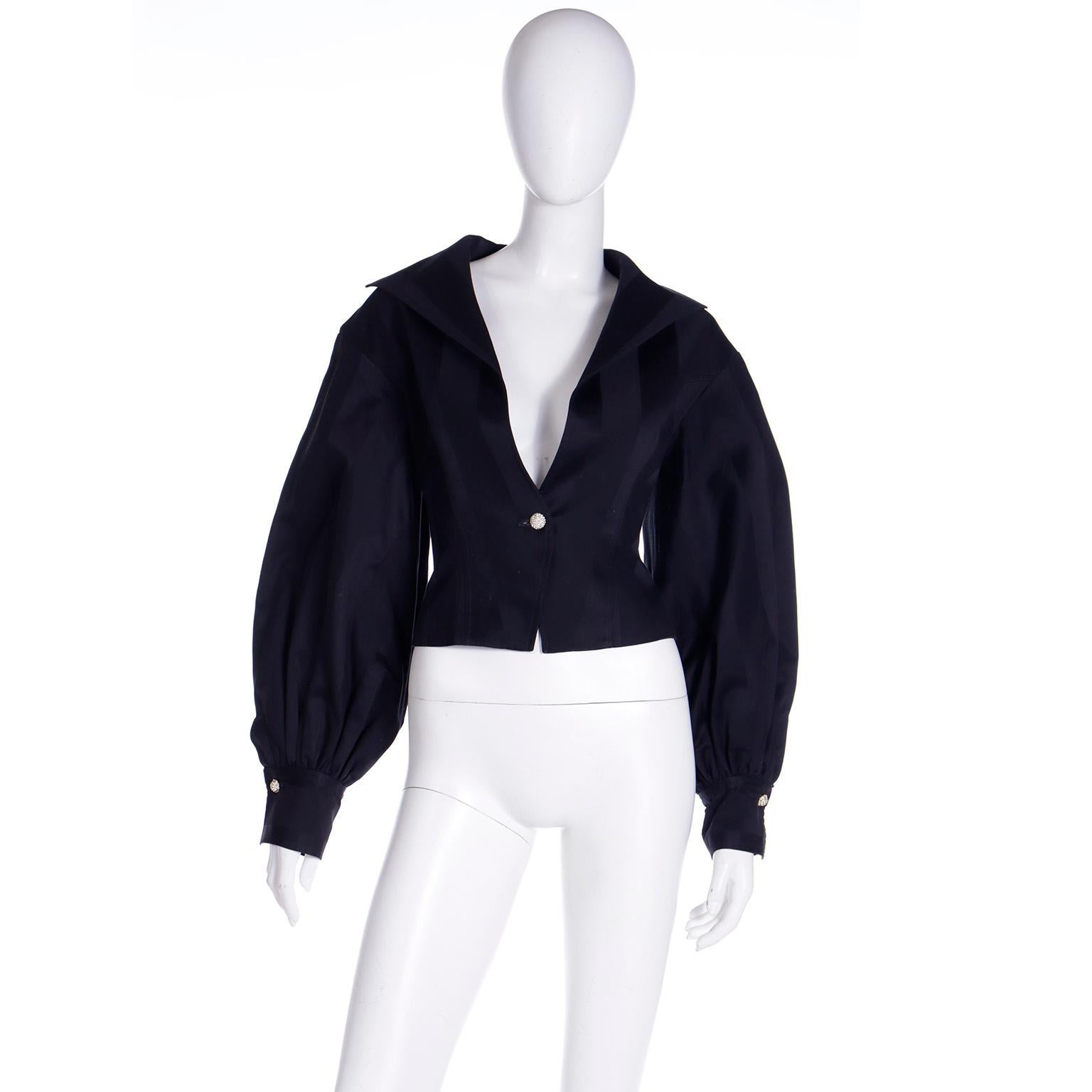 Isaac Mizrahi S/S 1992 Balloon Sleeve Tonal Stripe Black Cropped Cotton Jacket In Excellent Condition For Sale In Portland, OR