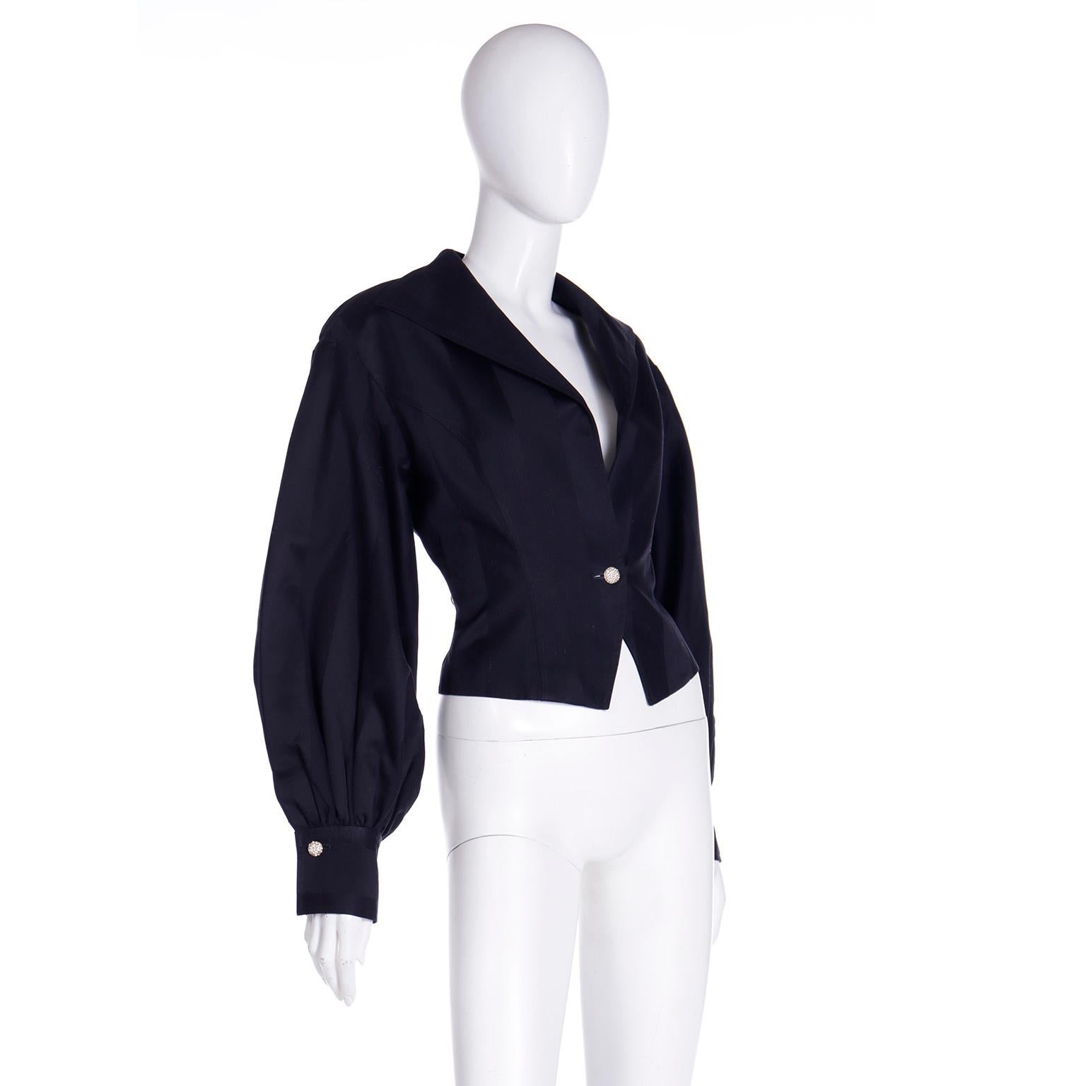 Women's Isaac Mizrahi S/S 1992 Balloon Sleeve Tonal Stripe Black Cropped Cotton Jacket For Sale