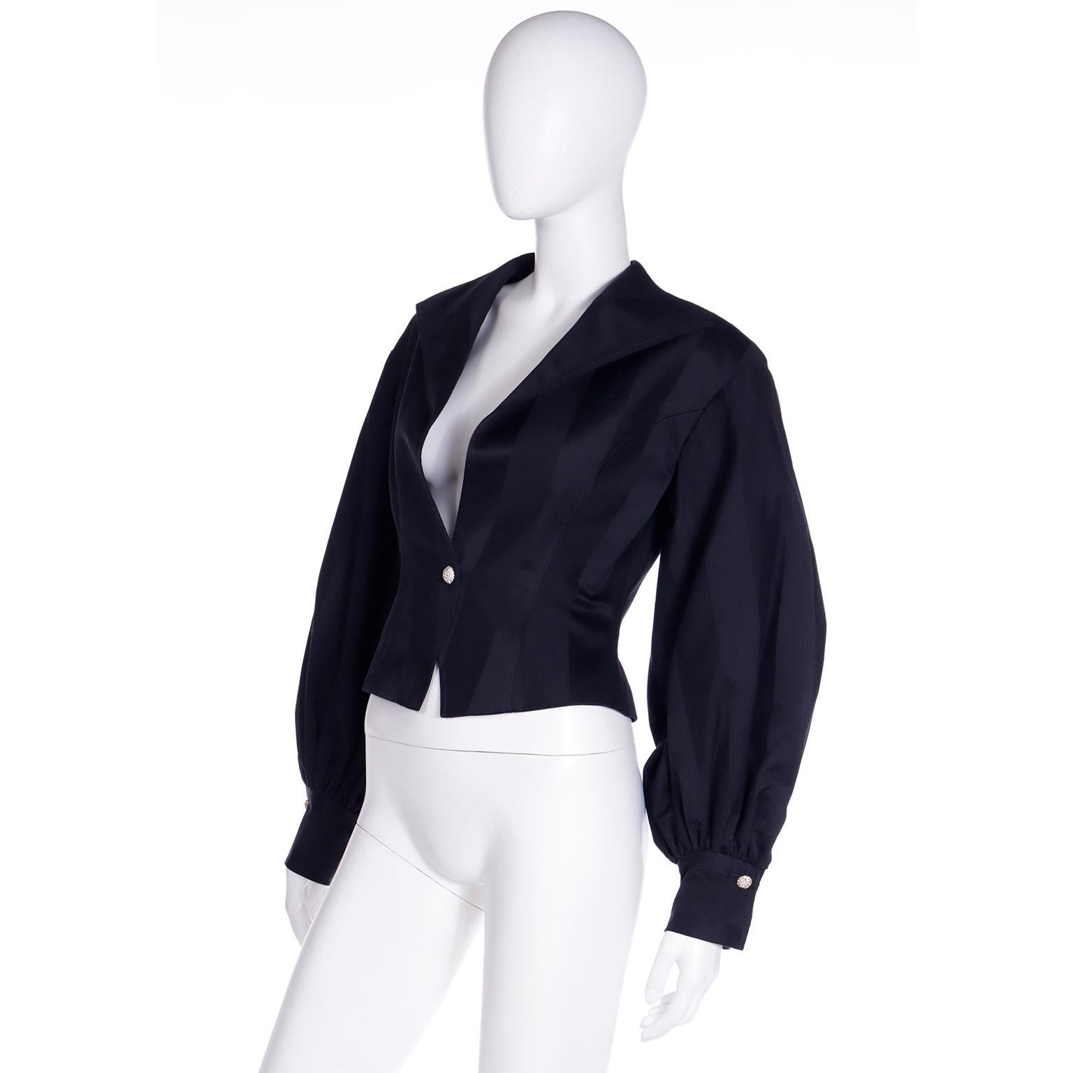Isaac Mizrahi S/S 1992 Balloon Sleeve Tonal Stripe Black Cropped Cotton Jacket For Sale 2