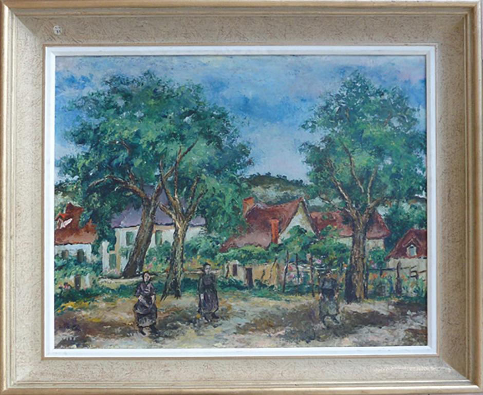 Peasants by the Farm - Ecole de Paris - Painting by Isaac Pailes