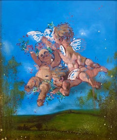 "Tutti gli amici..." Pittura a olio (FRAMMATA) 23,5" x 19,5" pollici di Isaac Pelayo