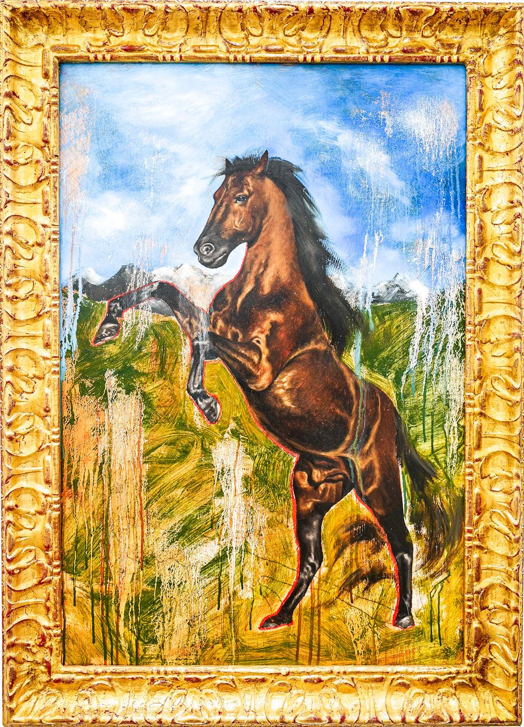 "I'm a Stallion" Figurative Painting (FRAMED) 36.5" x 24.5" in by Isaac Pelayo

Medium: Oil, oil stick, and aerosol on wood 
Comes in antique frame (wood &amp; gold leaf)
Size unframed: 36.5" x 24.5" inch
Size framed: 44" x 32" inch

The artwork