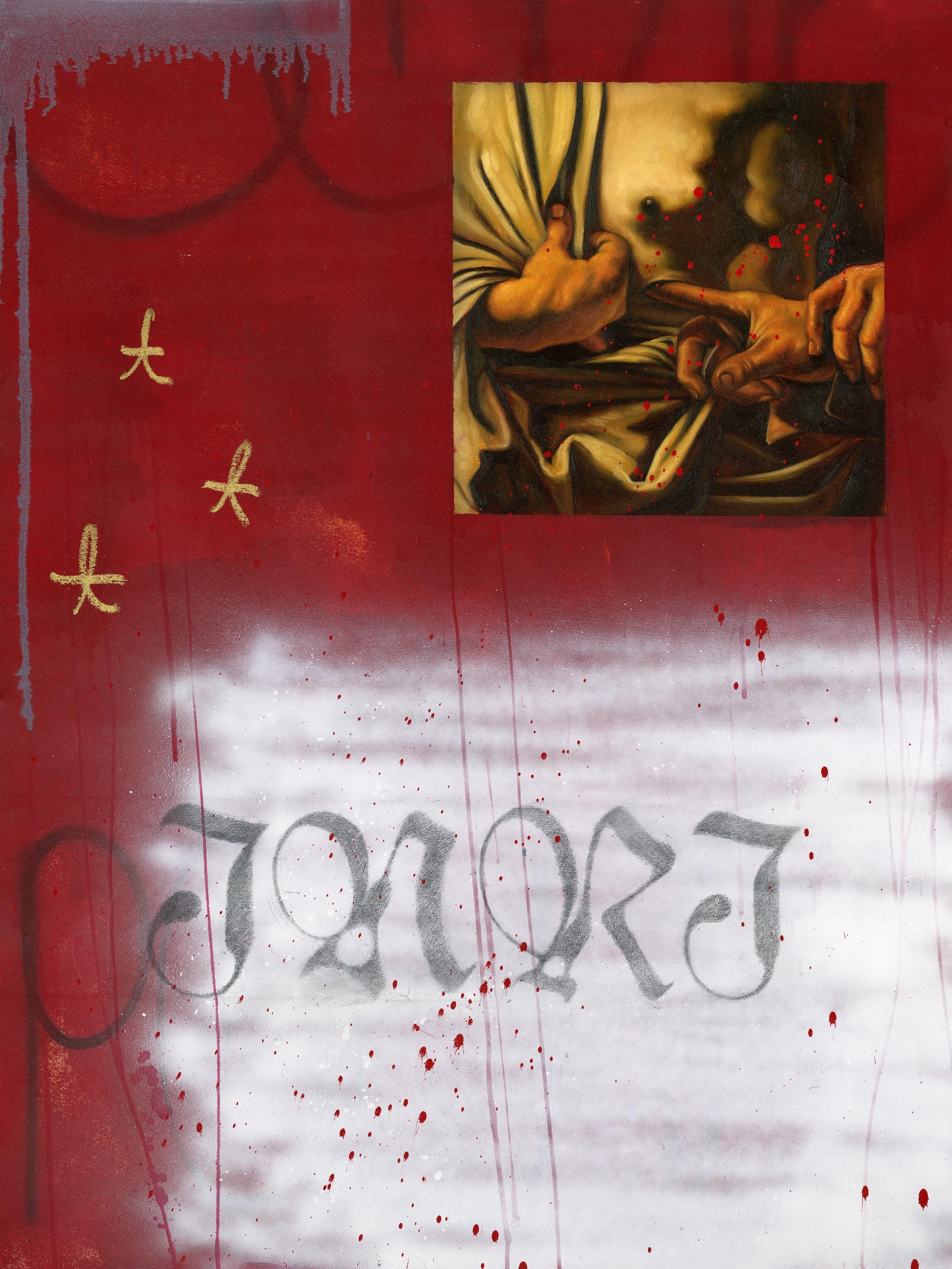 "INRI" Figurative Painting 40" x 30" inch by Isaac Pelayo

Medium: oil, oil pastel, and aerosol on wood

ABOUT THE ARTIST: 

Isaac Pelayo is a head on crash collision between The Renaissance and Street Art.
In a household where constant turmoil and