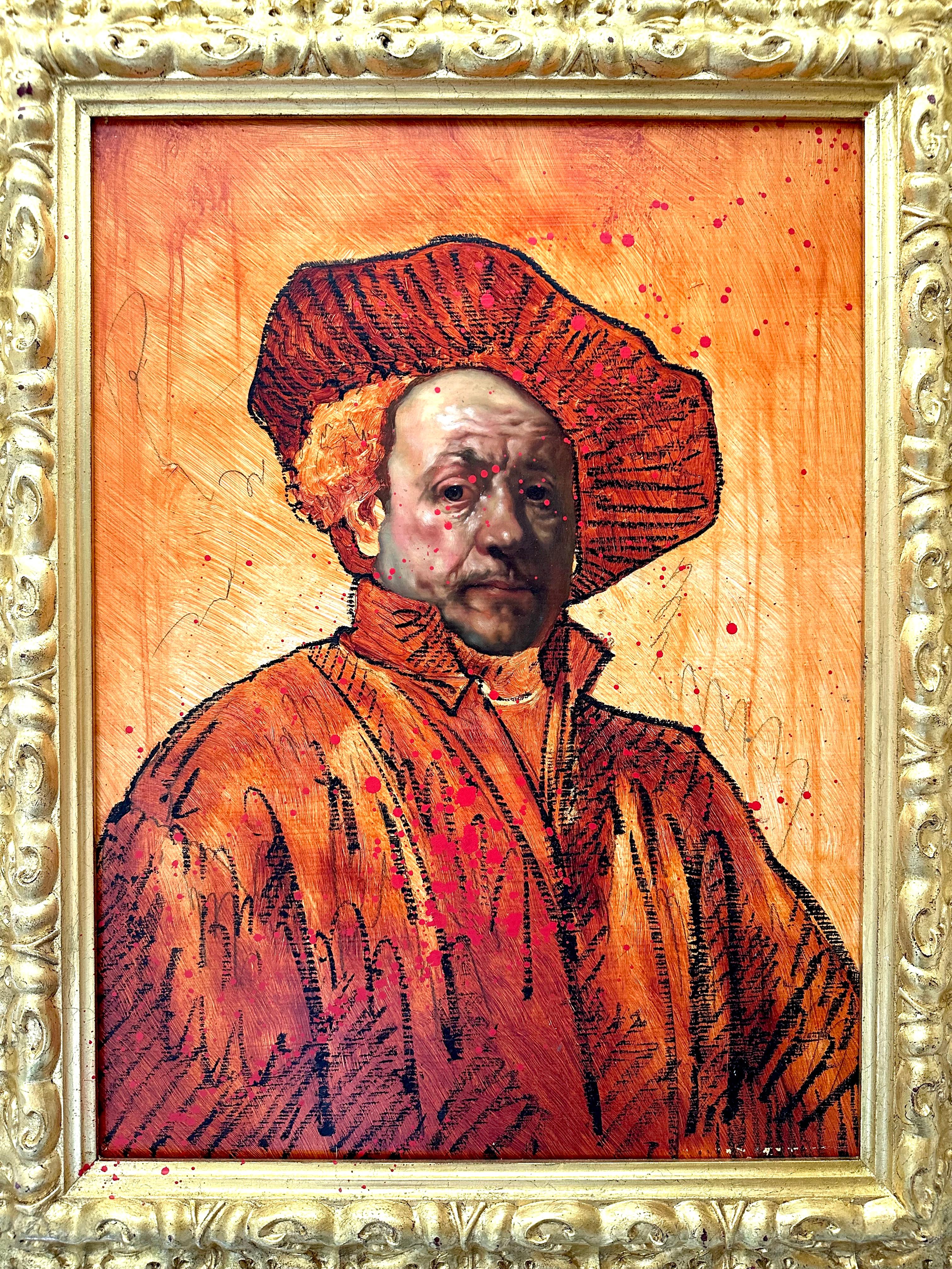 "Rembrandt El Chingon" Painting (FRAMED) 23" x 17" inch by Isaac Pelayo

Medium: Oil, oil stick, and aerosol on wood 
Comes in antique frame (wood & gold leaf)
Size framed: 29.5" x 23.5" inch

ABOUT THE ARTIST: 

Isaac Pelayo is a head on crash