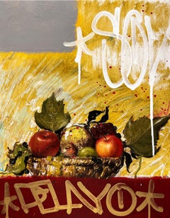 Abstraktes Gemälde „Der Obstmann macht auf Honest“ 24" x 18" Zoll von Isaac Pelayo