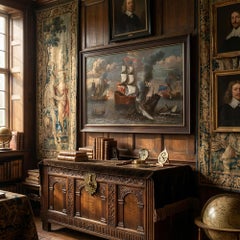 Huge 17thC Marine Battle Painting, An English Warship Engaging Barbary Corsairs