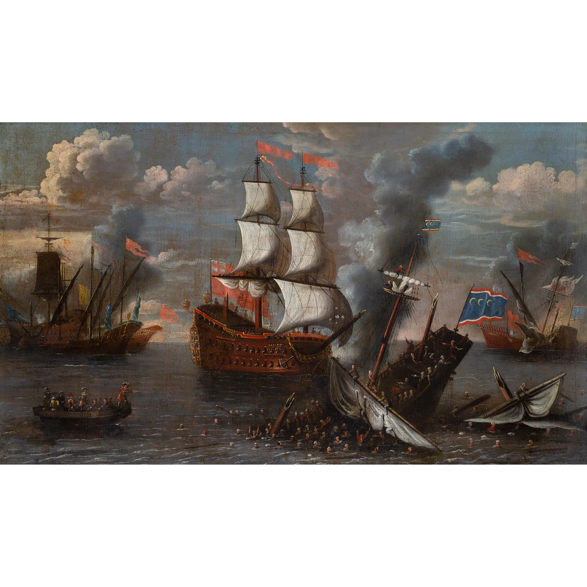 Énorme peinture de bataille marine du XVIIe siècle, un navire de guerre anglais affrontant des corsaires barbaresques - Baroque Painting par Isaac Sailmaker