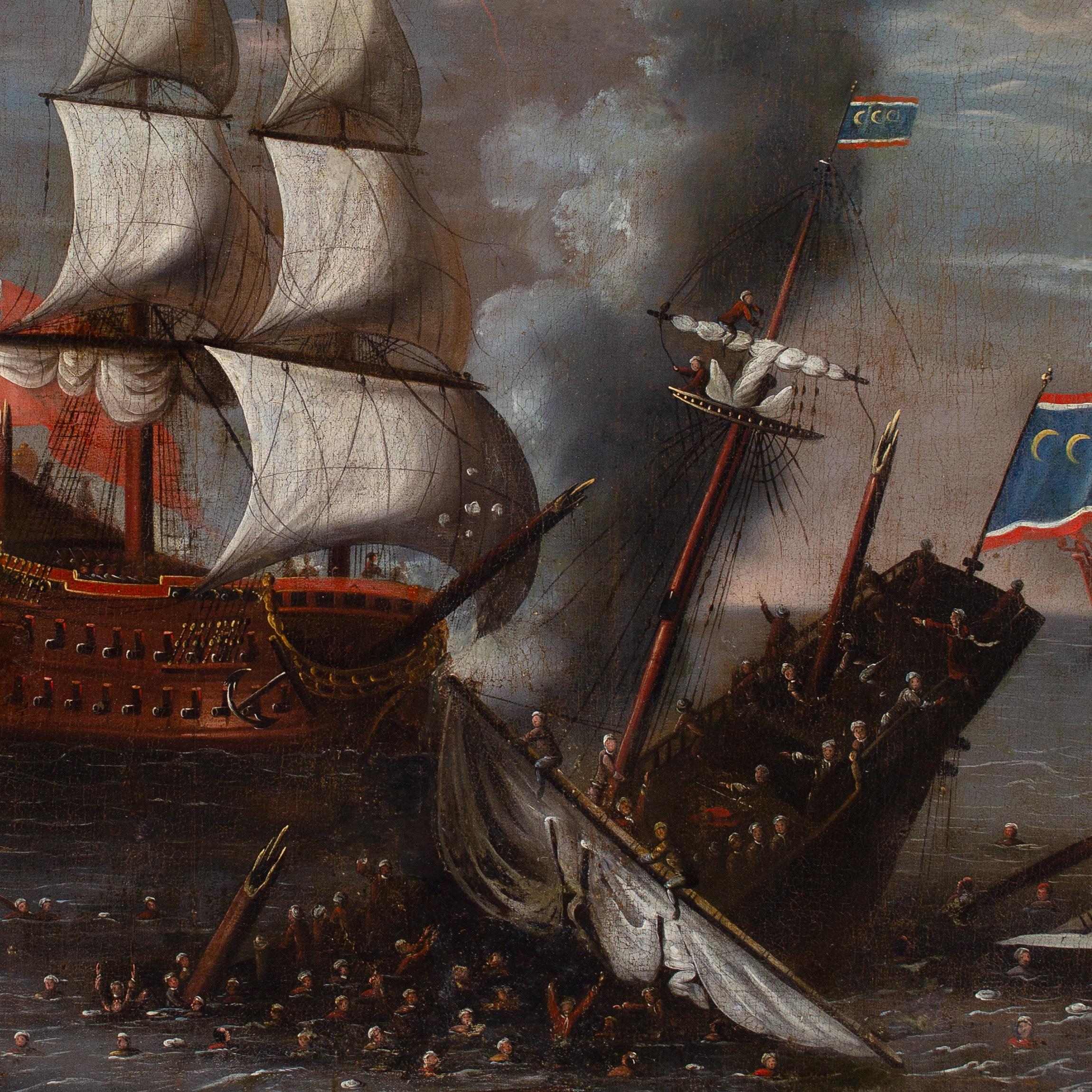 Cette grande et imposante peinture à l'huile de la fin du XVIIe siècle représente plusieurs navires britanniques en train de vaincre les célèbres corsaires de Barbarie.

Au milieu de la fumée, des épaves en feu et du carnage d'un navire pirate en