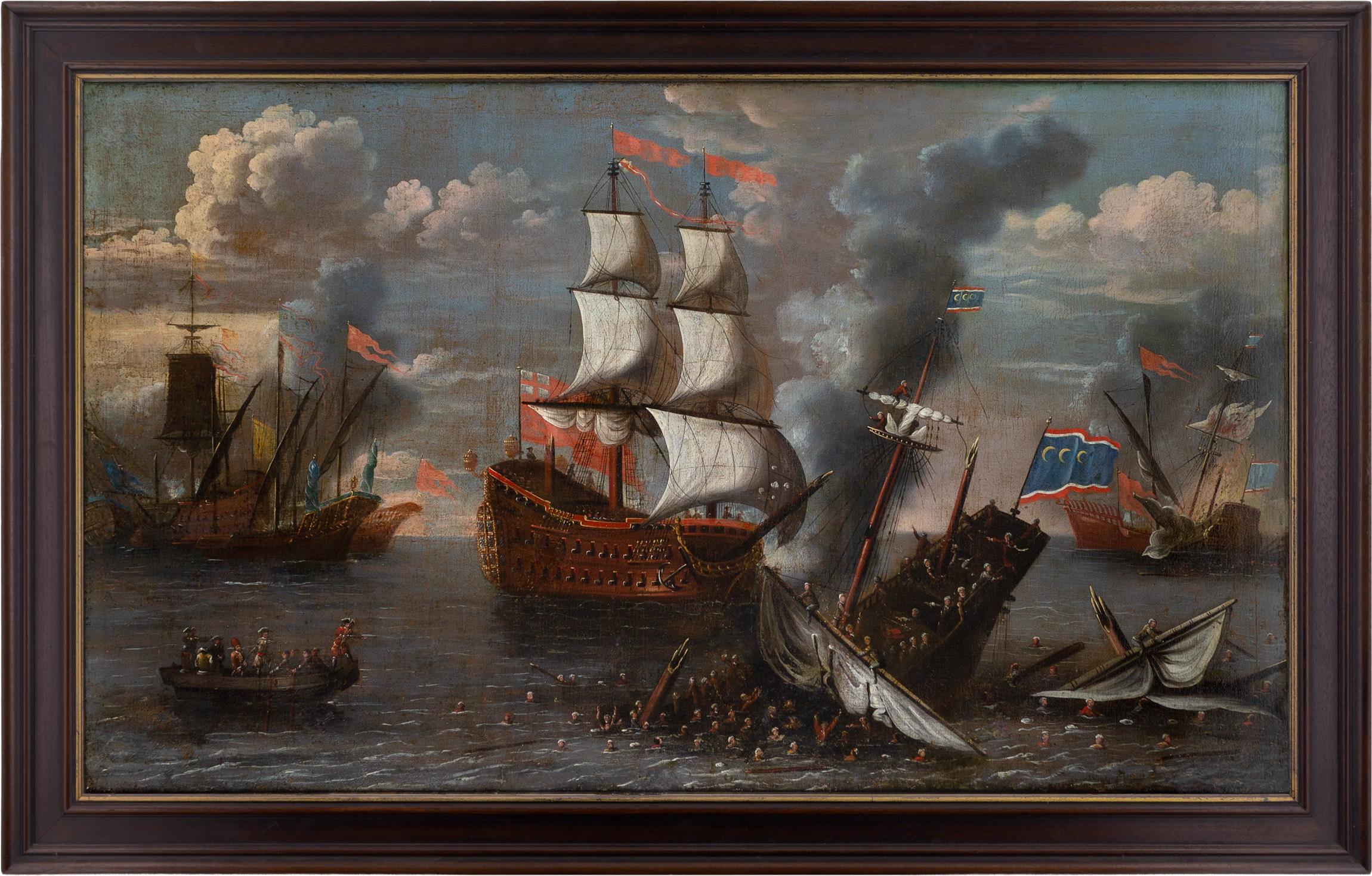 Huge 17thC Marine Battle Painting, An English Warship Engaging Barbary Corsairs