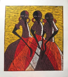 African Dance; Isaac Sithole (South African 1974 - 2012); woodcut print