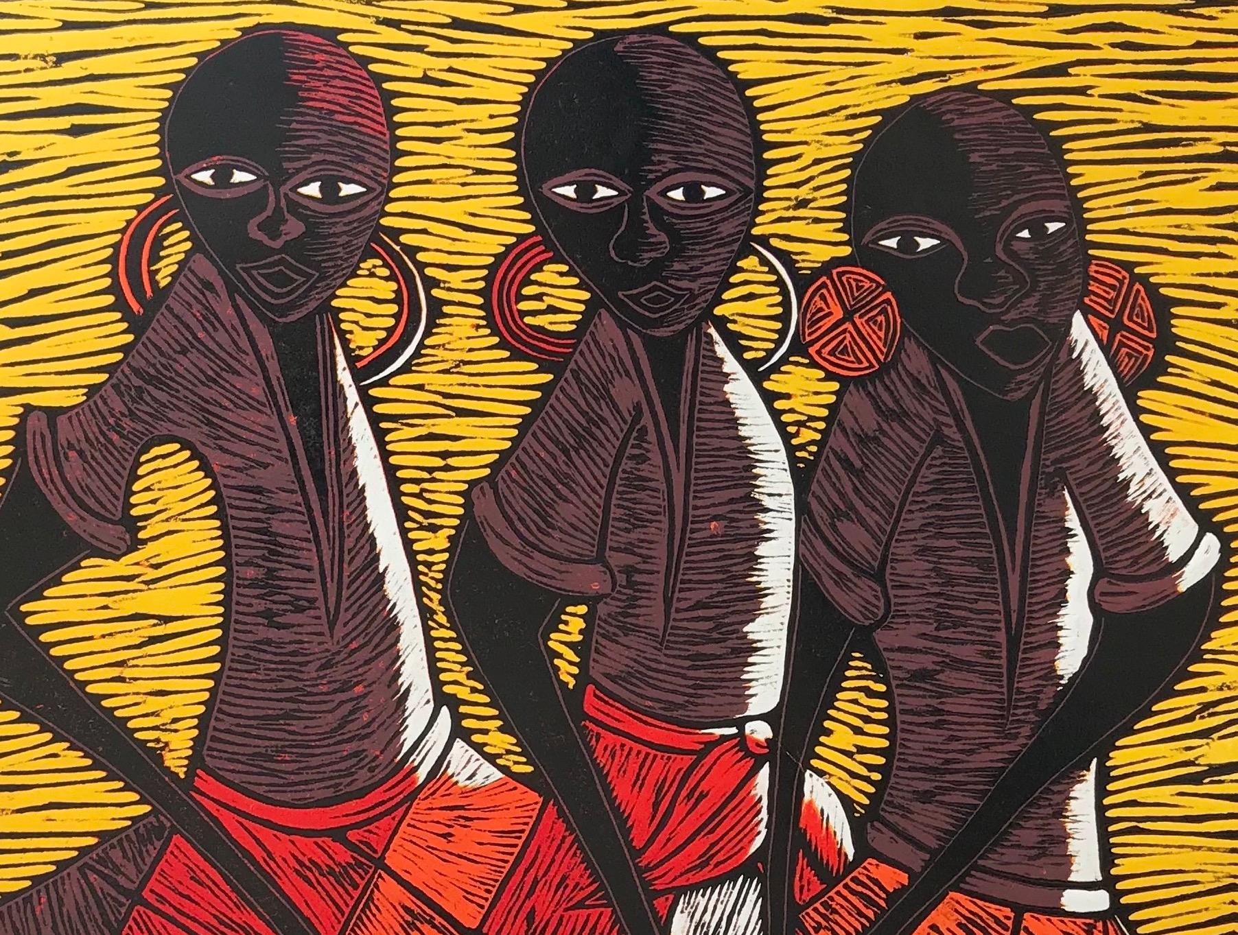 African Dance; Isaac Sithole (South African 1974 - 2012); woodcut print For Sale 1