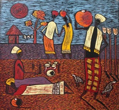 Braai Party in the Village; Isaac Sithole (South African 1974 - 2012); woodcut p