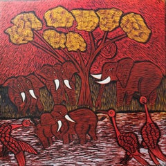 Friends in the Pool; Isaac Sithole (South African 1974 - 2012); woodcut print