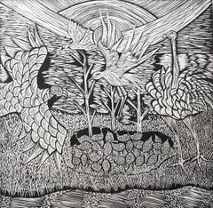 Gwinea fowls in the water; Isaac Sithole (South African 1974 - 2012); woodcut pr