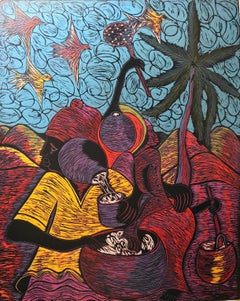 Prepearing the Zulu Beer; Isaac Sithole (South African 1974 - 2012); woodcut pri