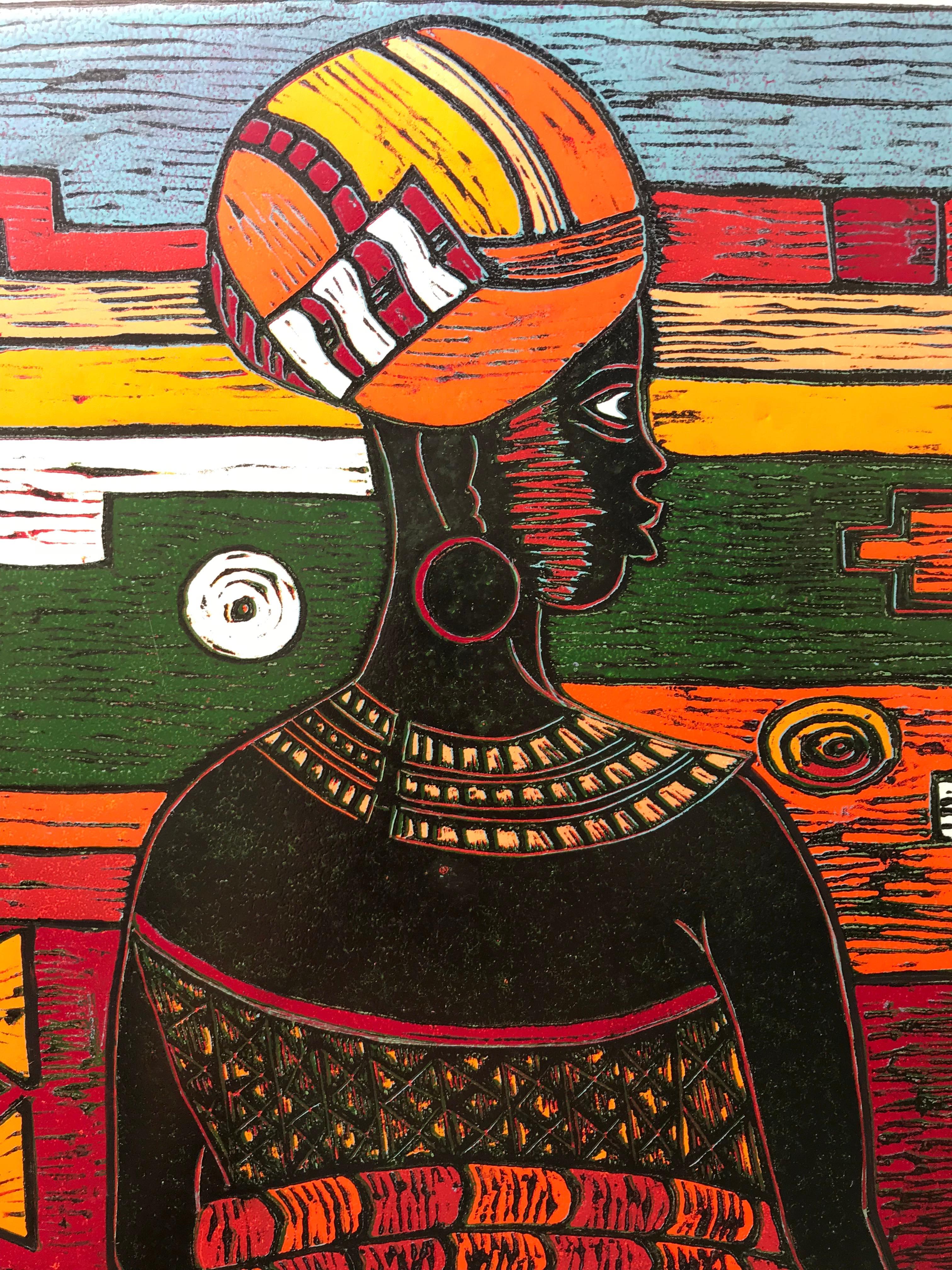 21 st century South African Wood Cut Print on paper - African Dream - Black Figurative Print by Isaac Sithole