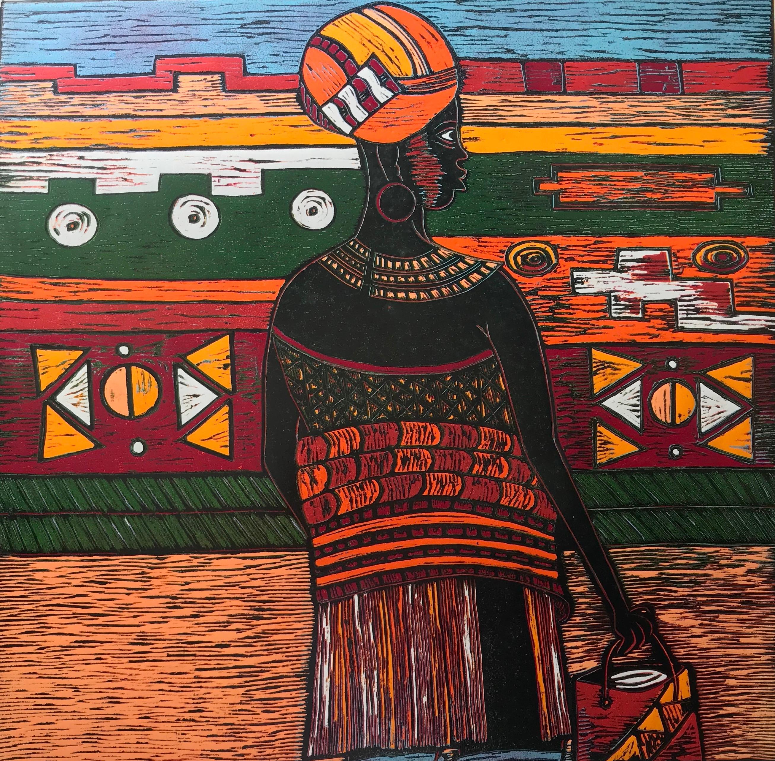 Isaac Sithole Figurative Print - 21 st century South African Wood Cut Print on paper - African Dream