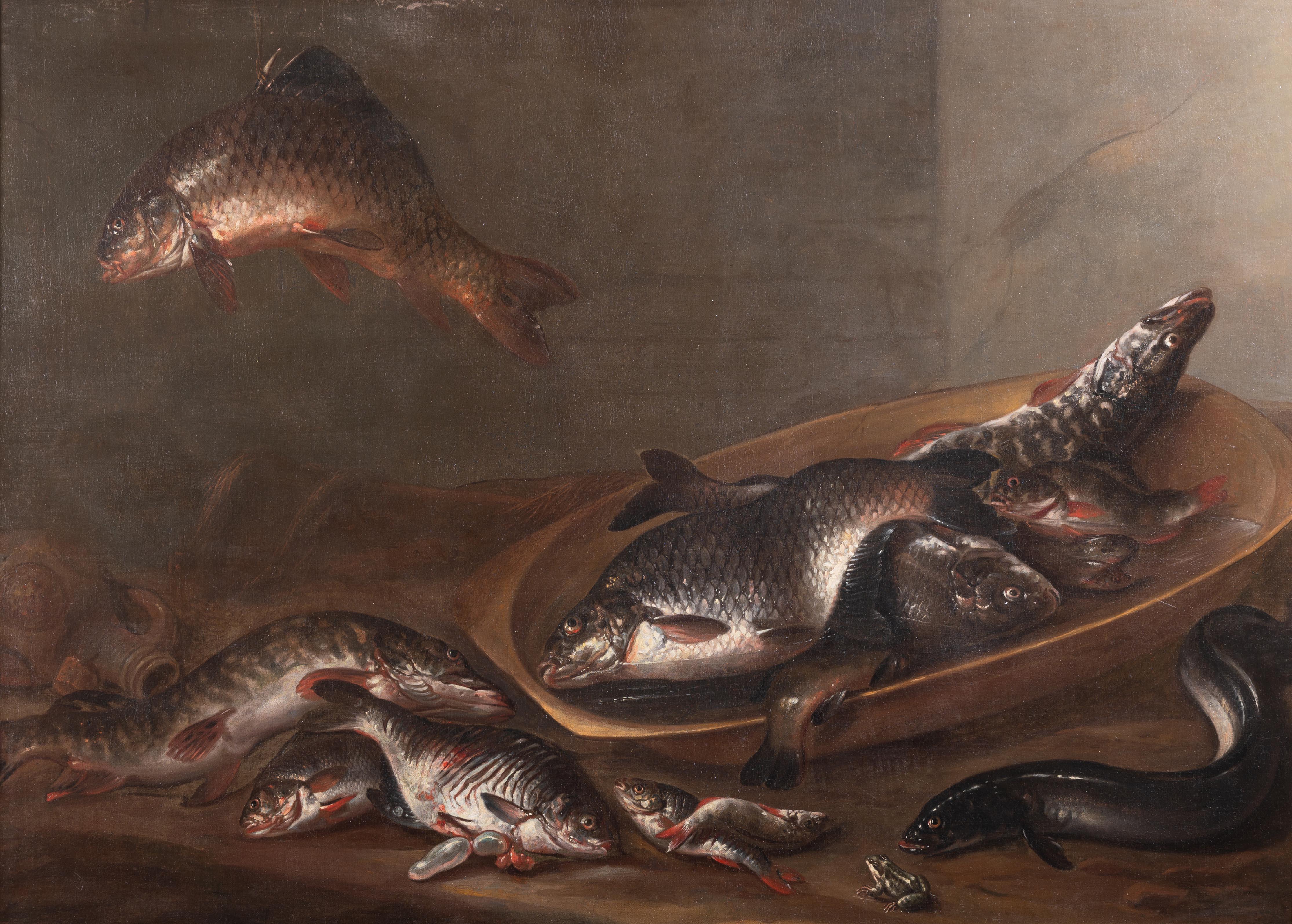 Süßwasserfische, ein Aal und ein Frosch, auf einem Tisch – Painting von Isaac Van Duynen 