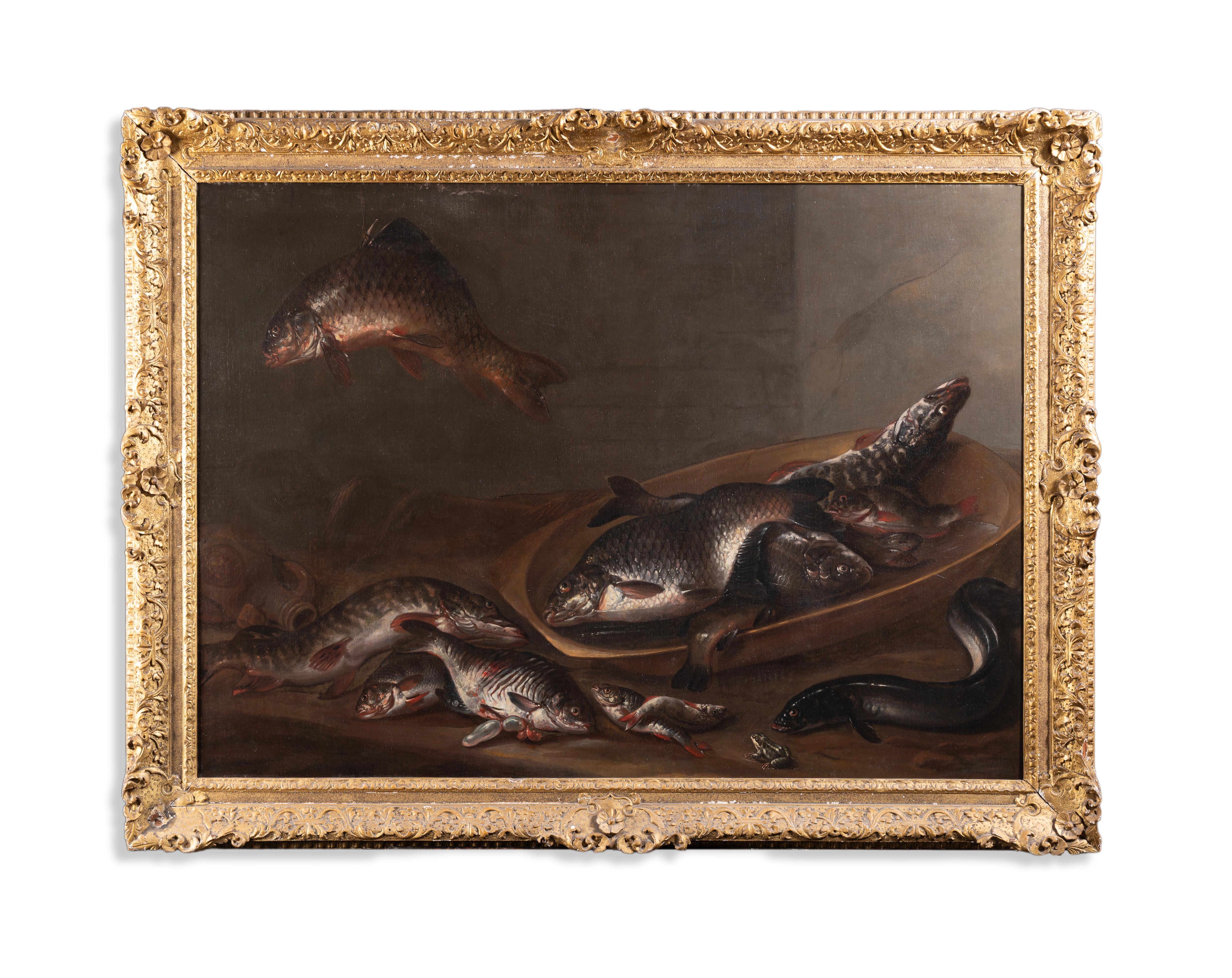 Isaac Van Duynen  Animal Painting – Süßwasserfische, ein Aal und ein Frosch, auf einem Tisch