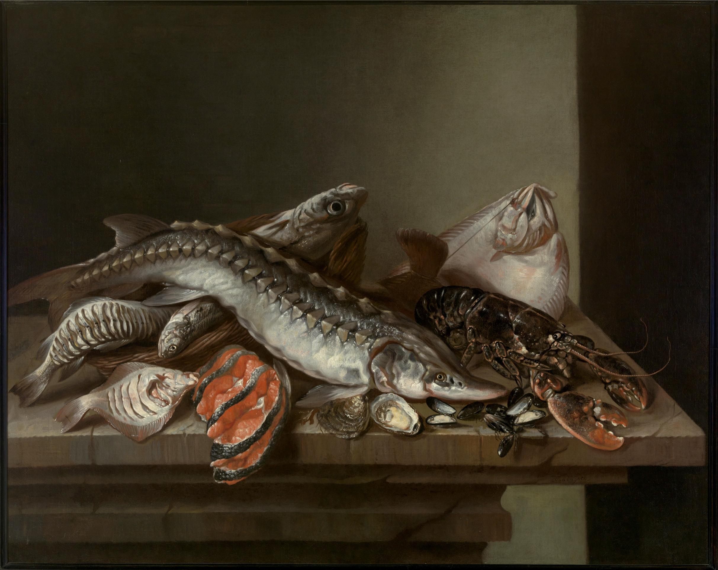 Natura morta con pesce di mare sul tavolo - Isaac Van Duynen in vendita 1