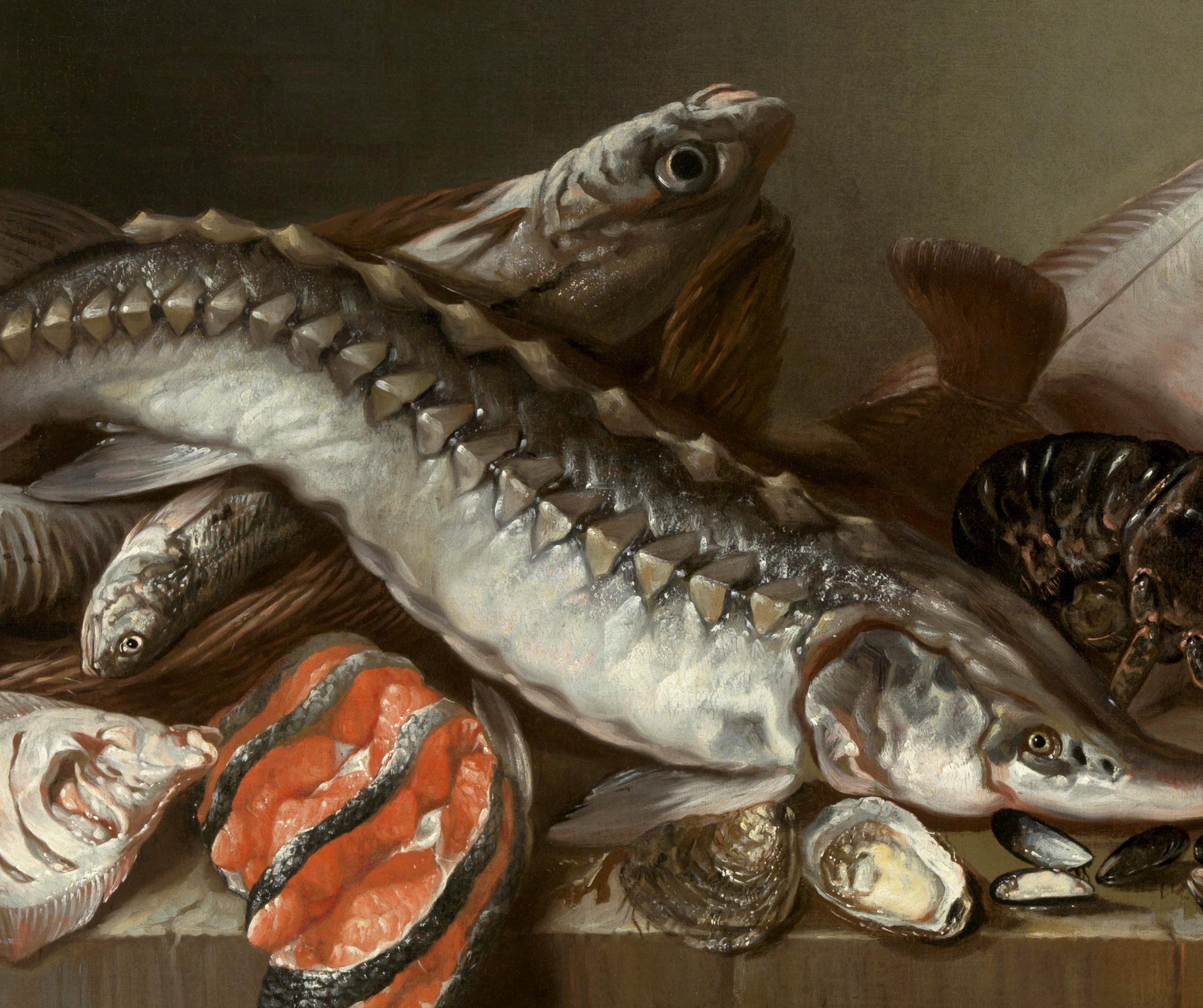 Natura morta con pesce di mare sul tavolo - Isaac Van Duynen in vendita 2