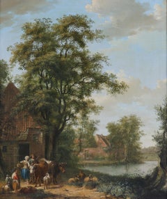 'Travellers by a Cottage' . Circle of Isaac van Ostade. Framed Oil painting