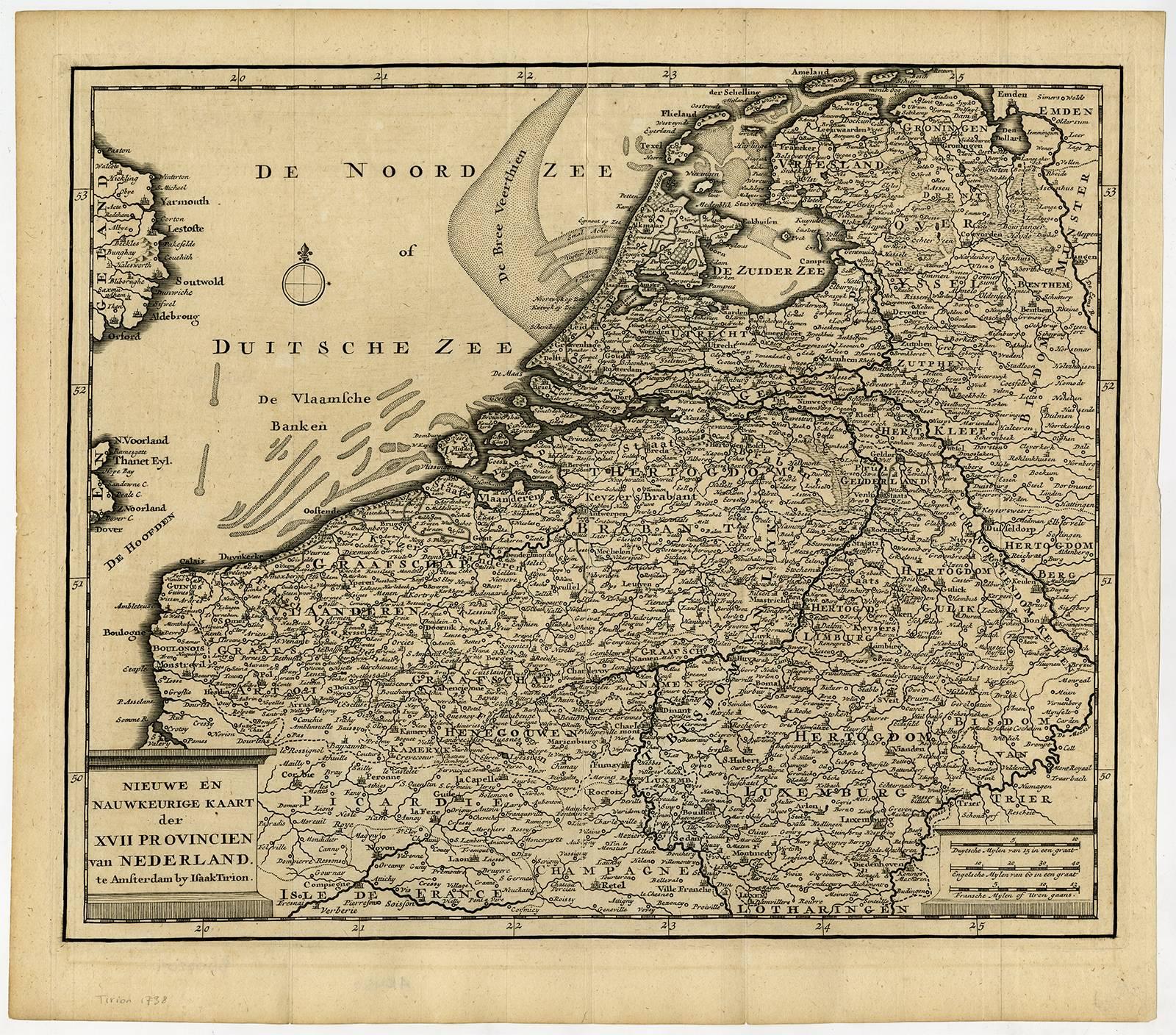 Isaak Tirion Print - Nieuwe en Nauwkeurige kaart der XVII Provincien van Nederland.