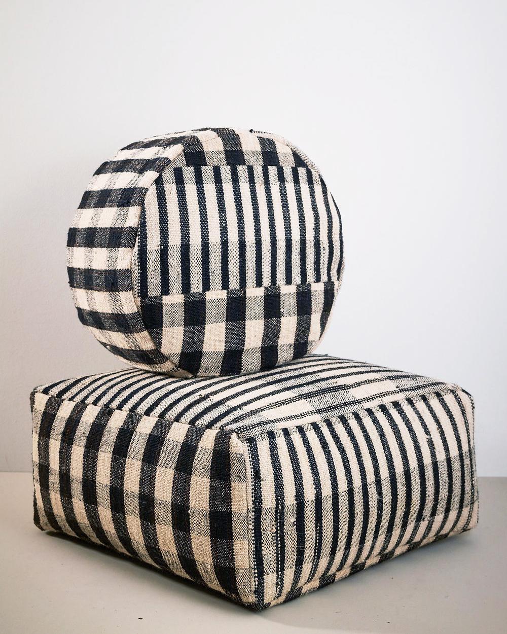 Hand-Crafted Isabel Brown and Cream Checkered Round Pouf Ottoman For Sale