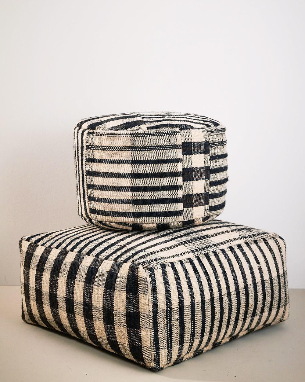 Isabel Brown and Cream Checkered Round Pouf Ottoman In New Condition For Sale In West Hollywood, CA