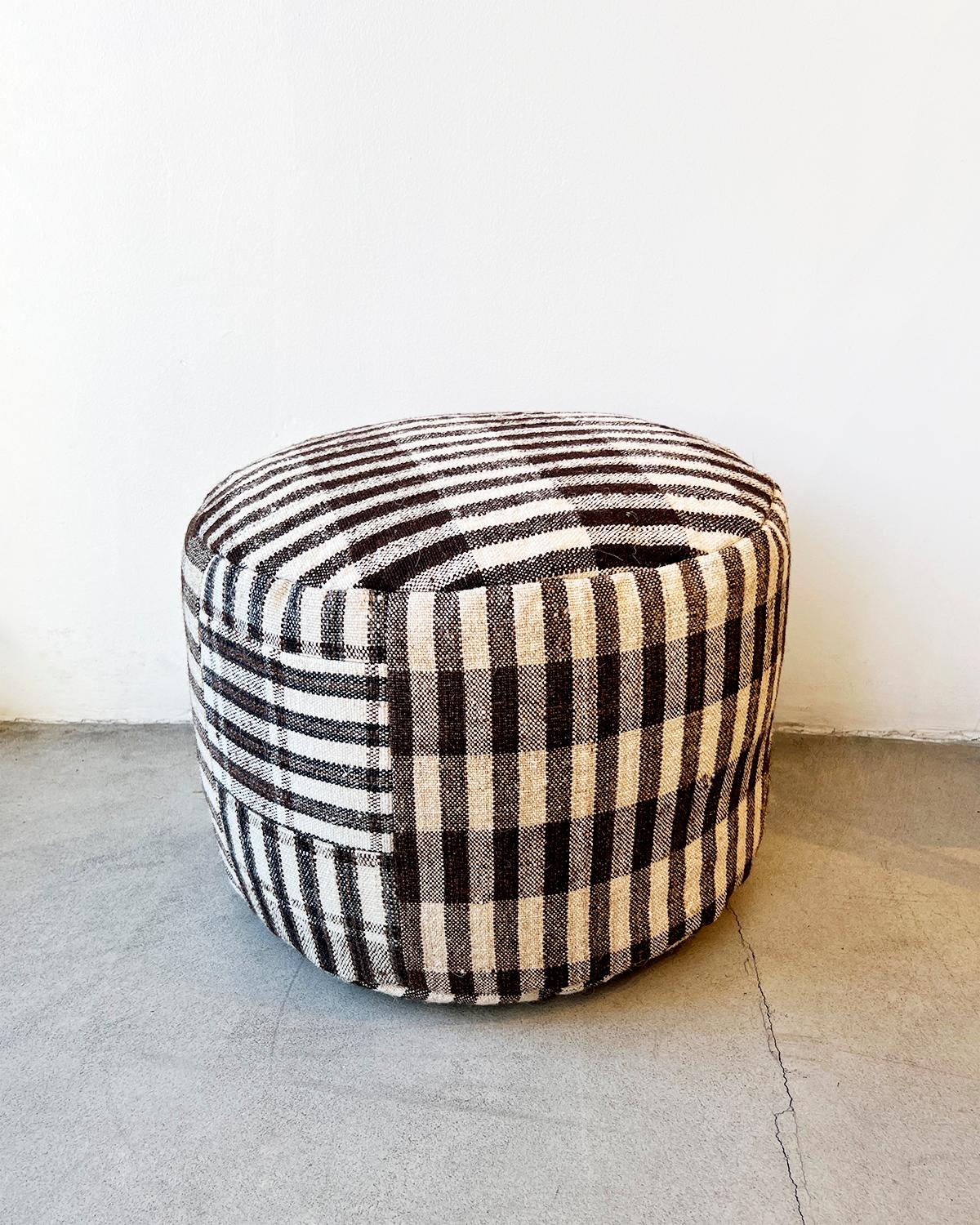 Contemporary Isabel Brown and Cream Checkered Round Pouf Ottoman For Sale