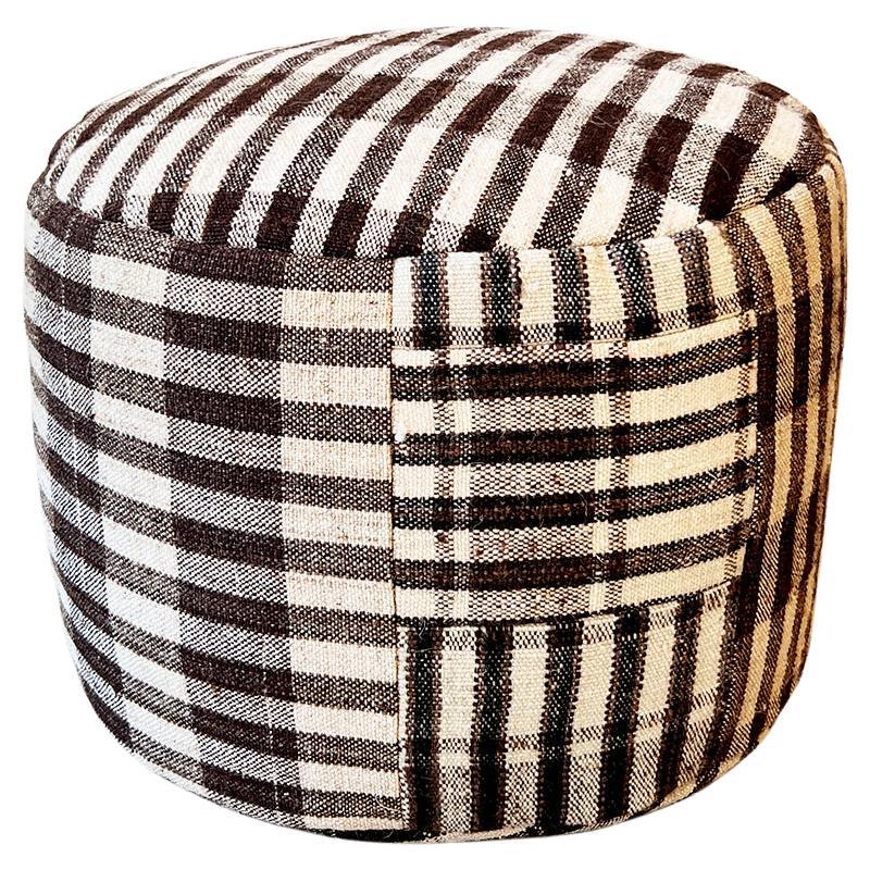 Isabel Brown and Cream Checkered Round Pouf Ottoman For Sale