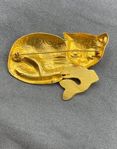 Isabel Canovas 1980s Gold Textured Cat with Fish Brooch