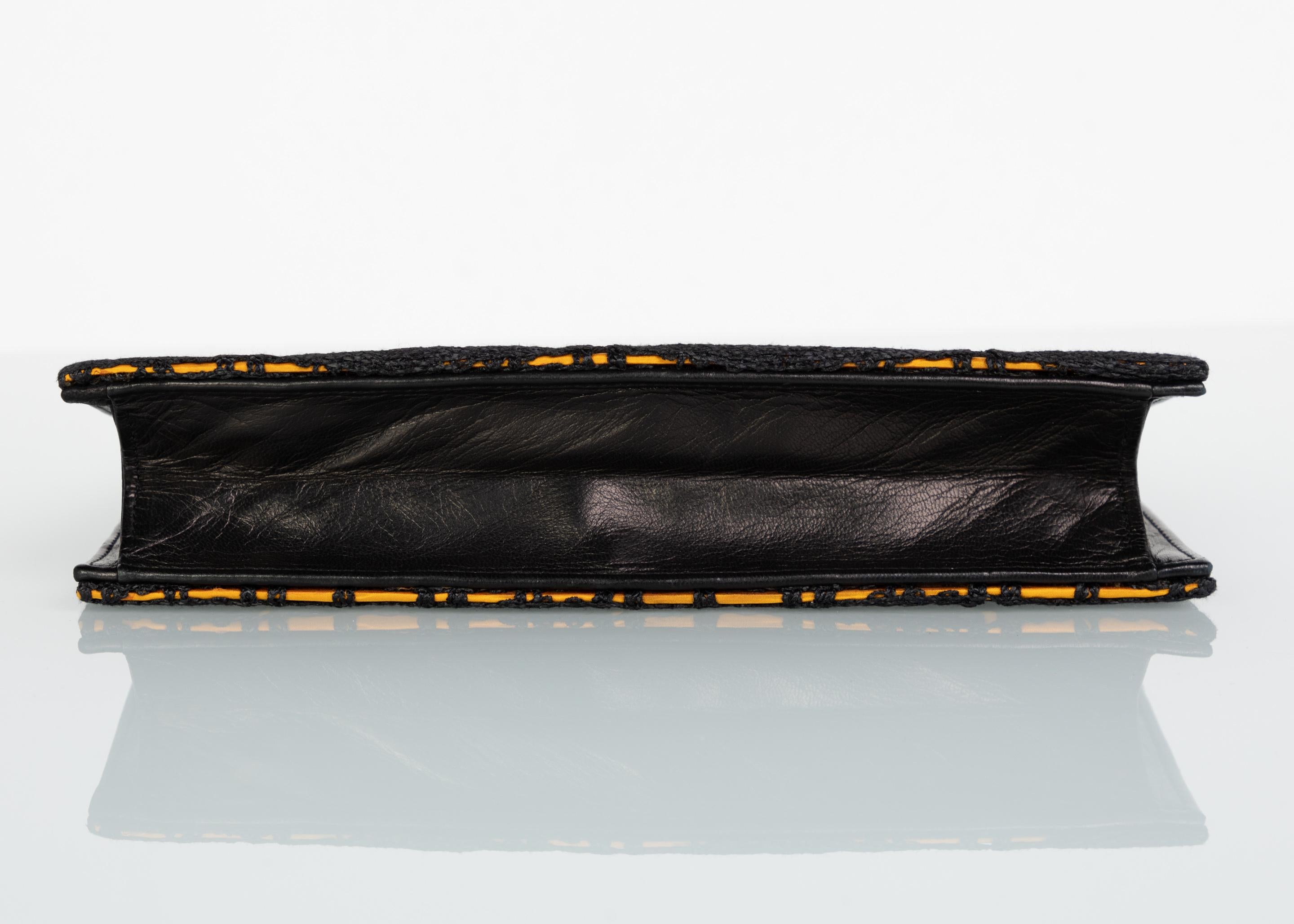 Women's Isabel Canovas Black & Gold Silk Leather Green Bakelite Leaf Clutch, 1980s