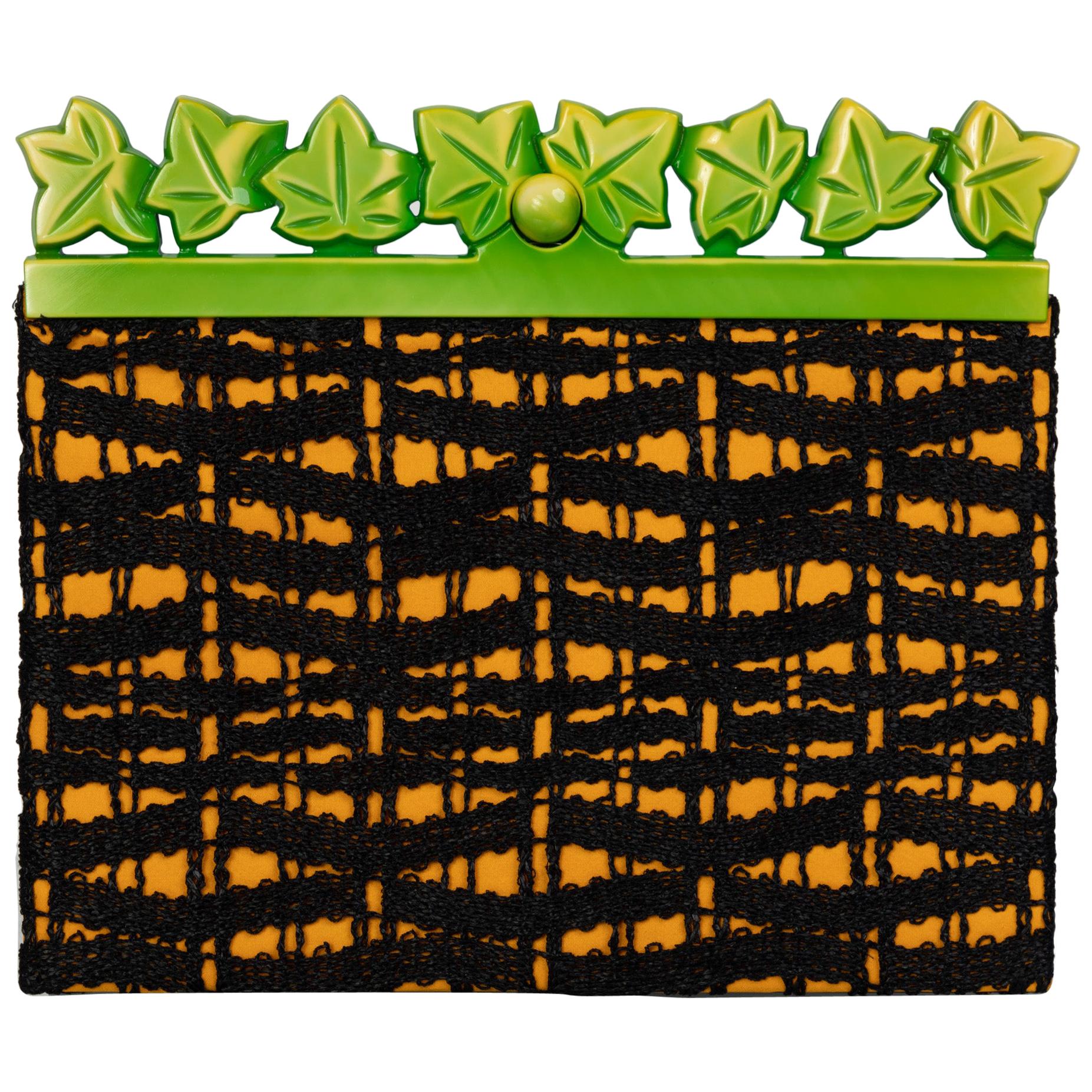 Isabel Canovas Black & Gold Silk Leather Green Bakelite Leaf Clutch, 1980s For Sale