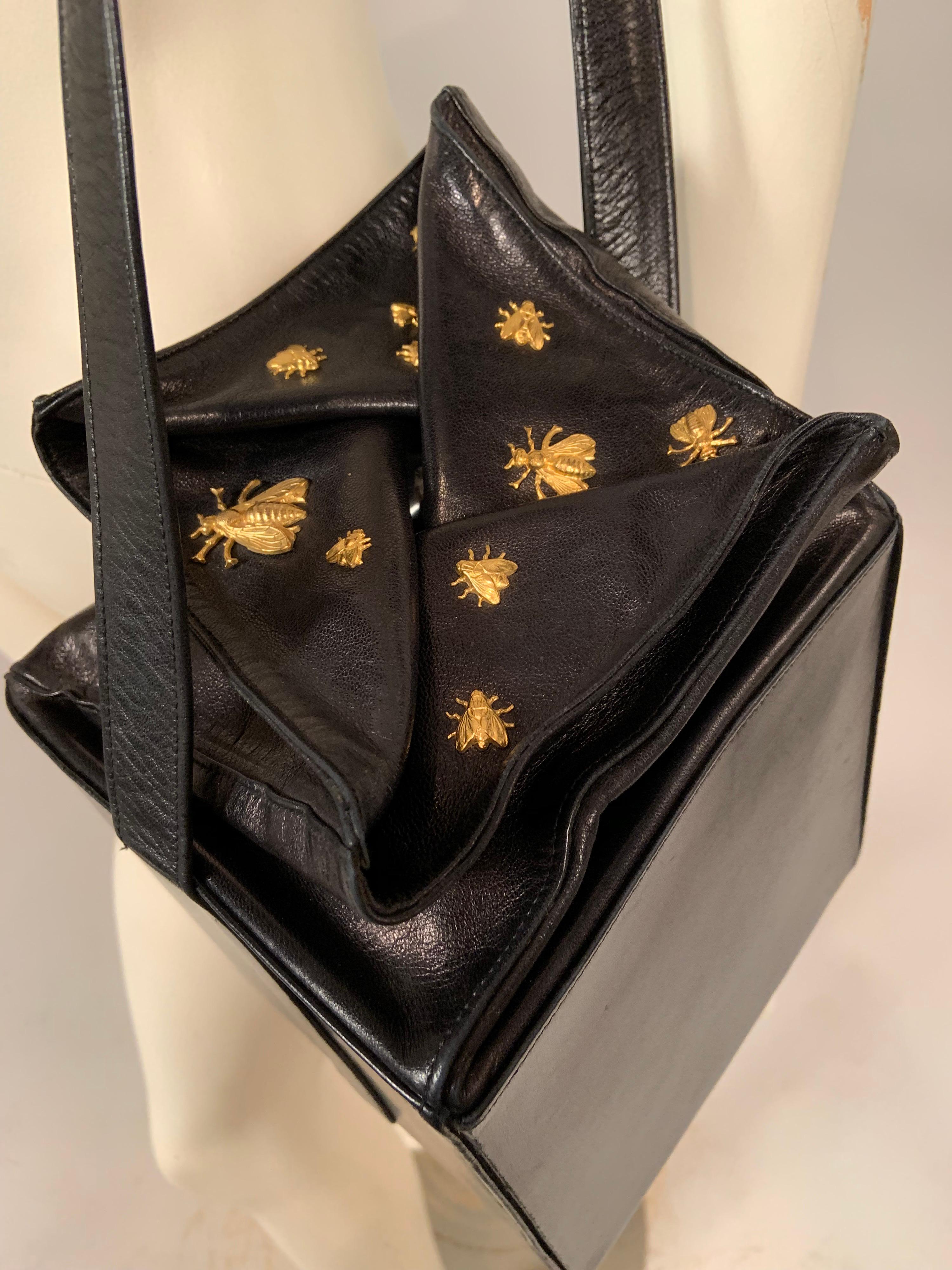 Isabel Canovas Black Leather Beehive Box Bag with Applied Bees In Excellent Condition In New Hope, PA