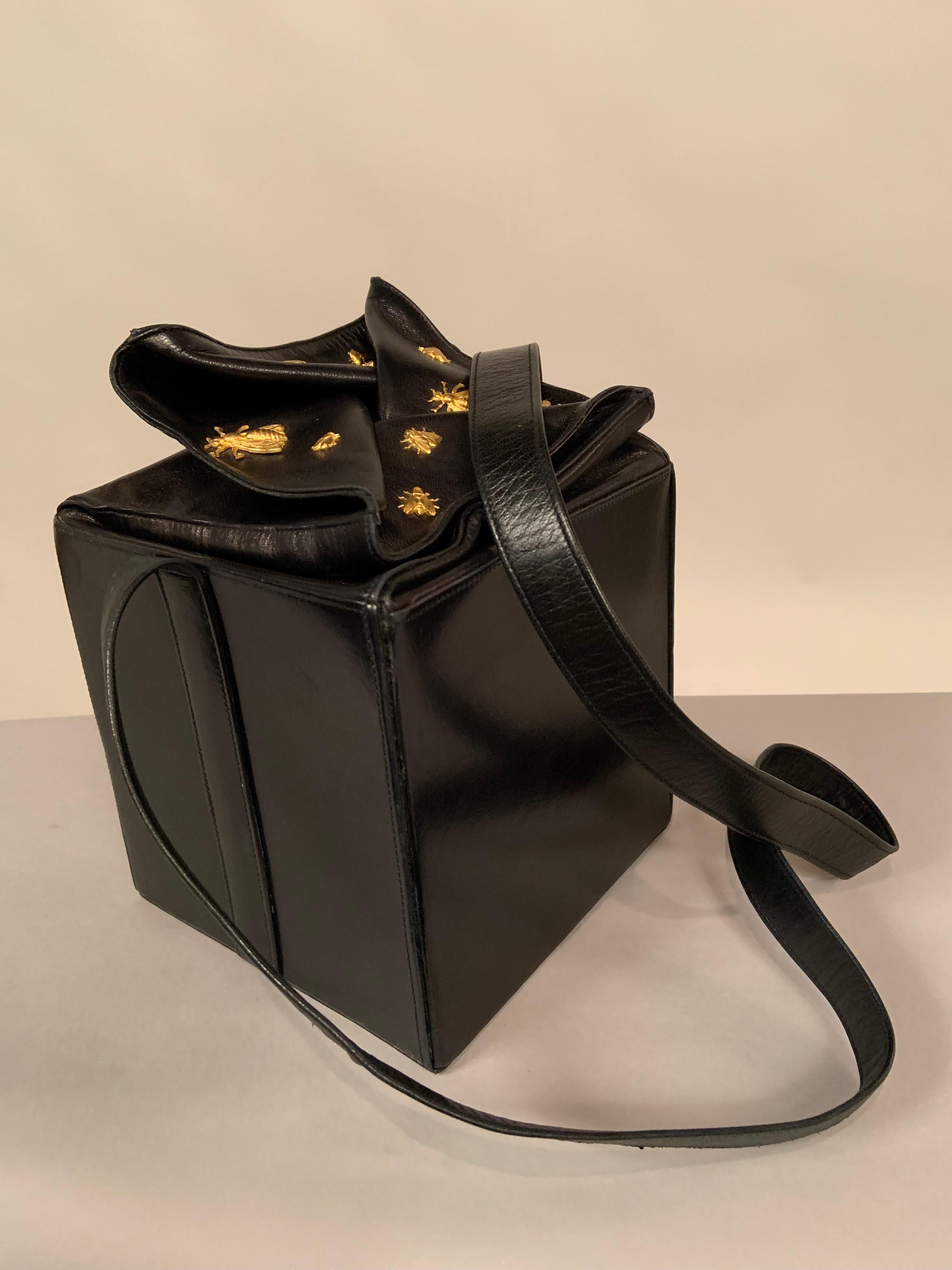 Isabel Canovas Black Leather Beehive Box Bag with Applied Bees 1