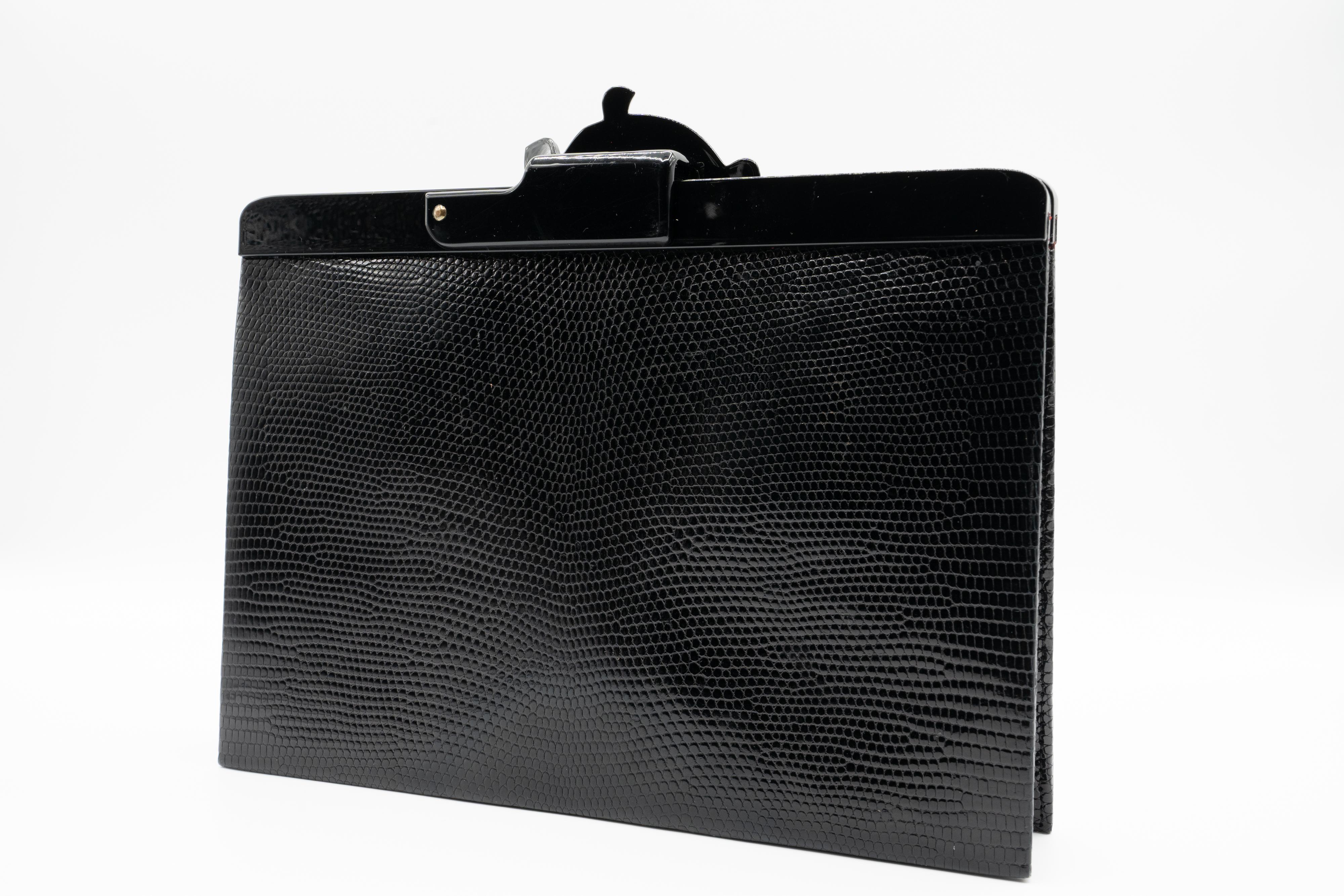 Isabel Canovas Schwarze Eidechse-Clutch mit Schildkrötenverschluss im Zustand „Hervorragend“ im Angebot in Boca Raton, FL