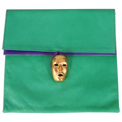 Isabel Canovas Bright Green and Purple Leather Bag with Gold Mask Closure