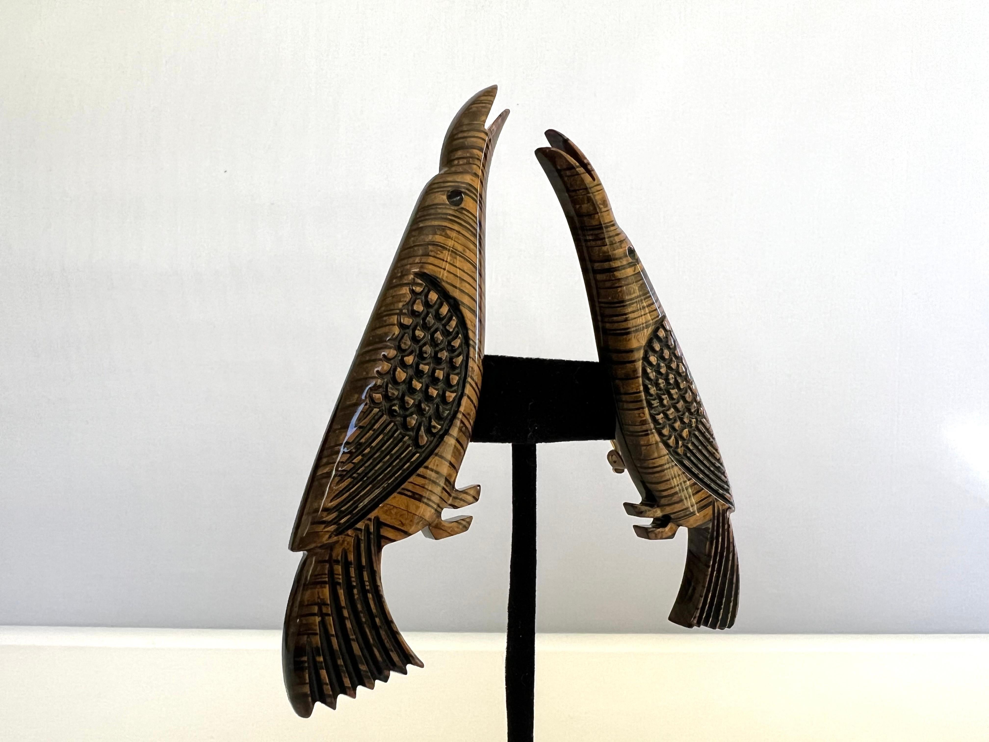 Scarce carved wood birds clip-on statement earrings by Isabel Canovas - made in France.