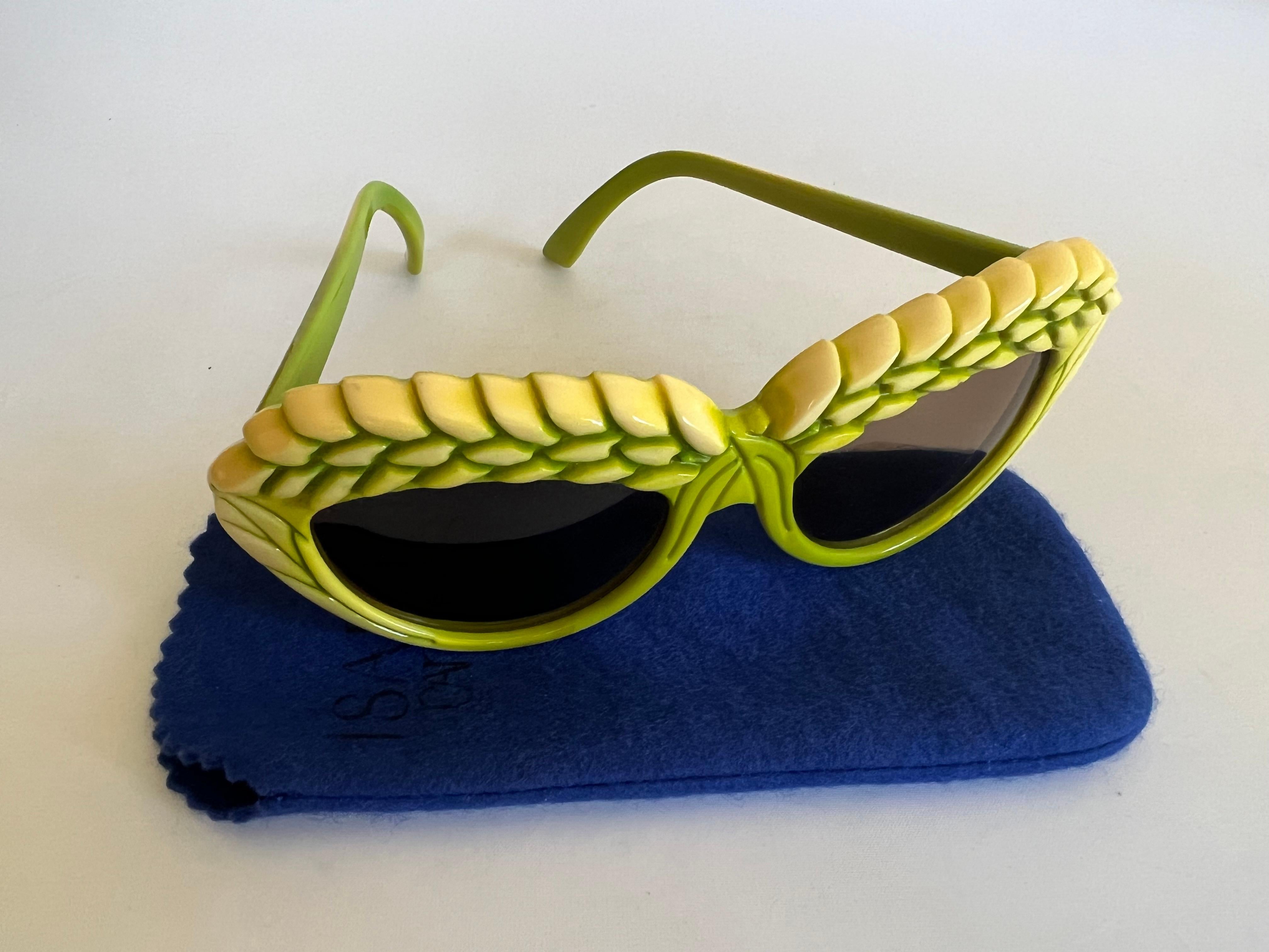 Extremely rare, bright pair of green Isabel Canovas sunglasses with brown tinted lenses and a detailed galalith frame -  made in France. 