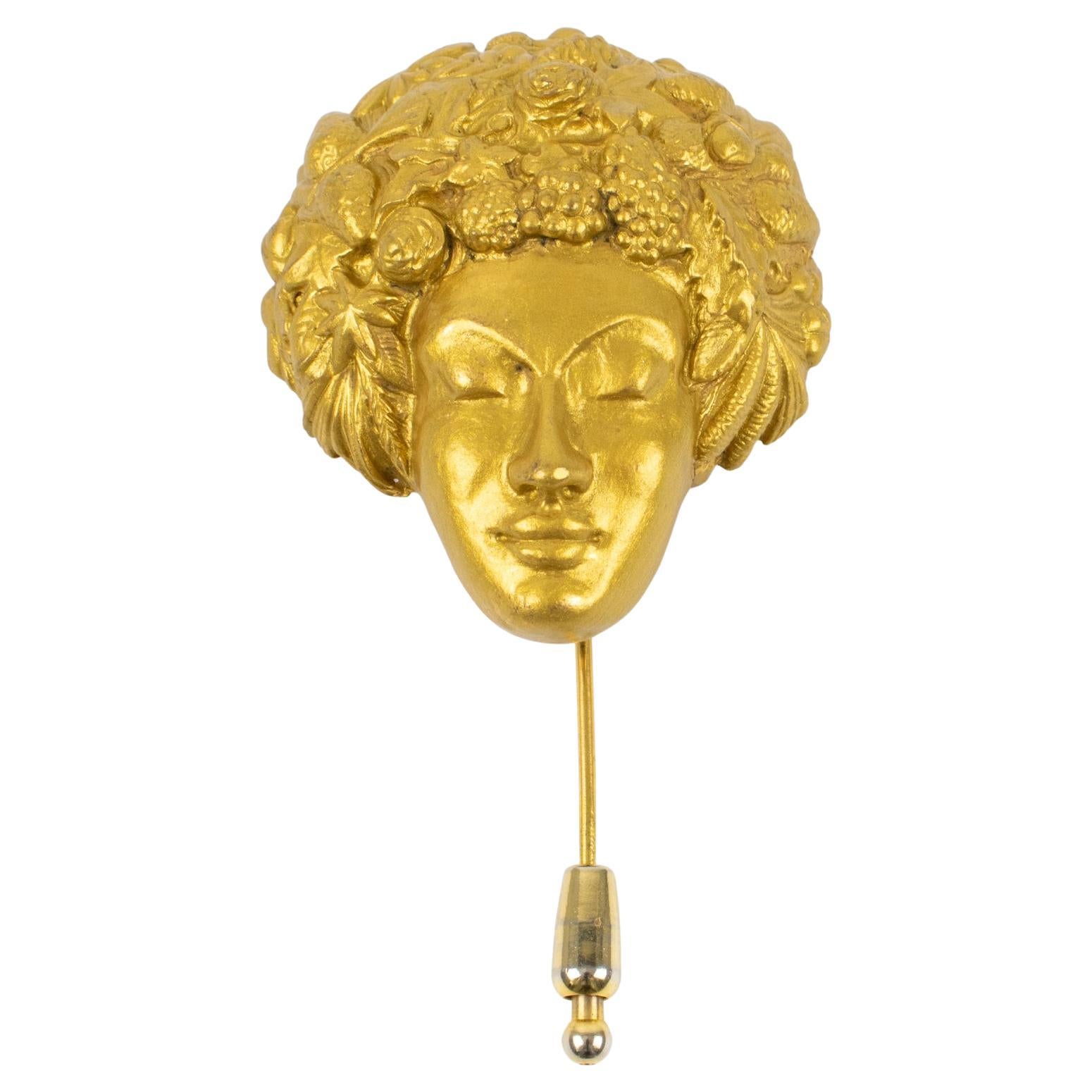 Isabel Canovas Gilt Bronze Face Pin Brooch For Sale