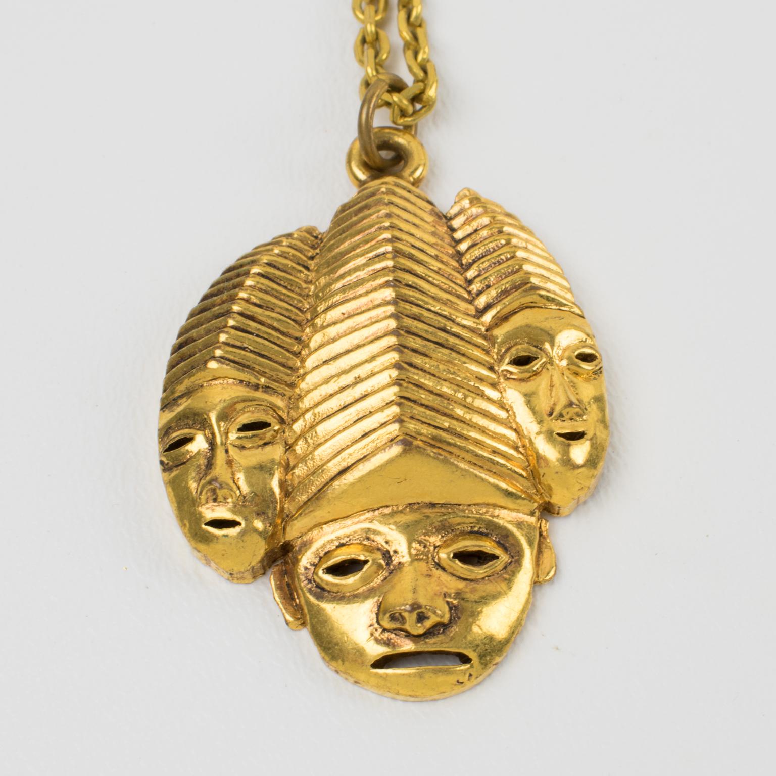 Women's or Men's Isabel Canovas Gilt Metal Pendant Necklace Three Masks