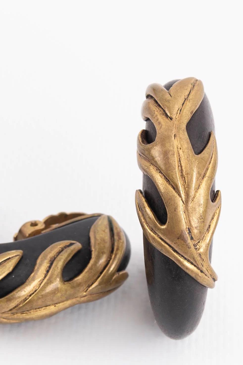 Artist Isabel Canovas Gilted Metal and Wooden Clip-on Earrings