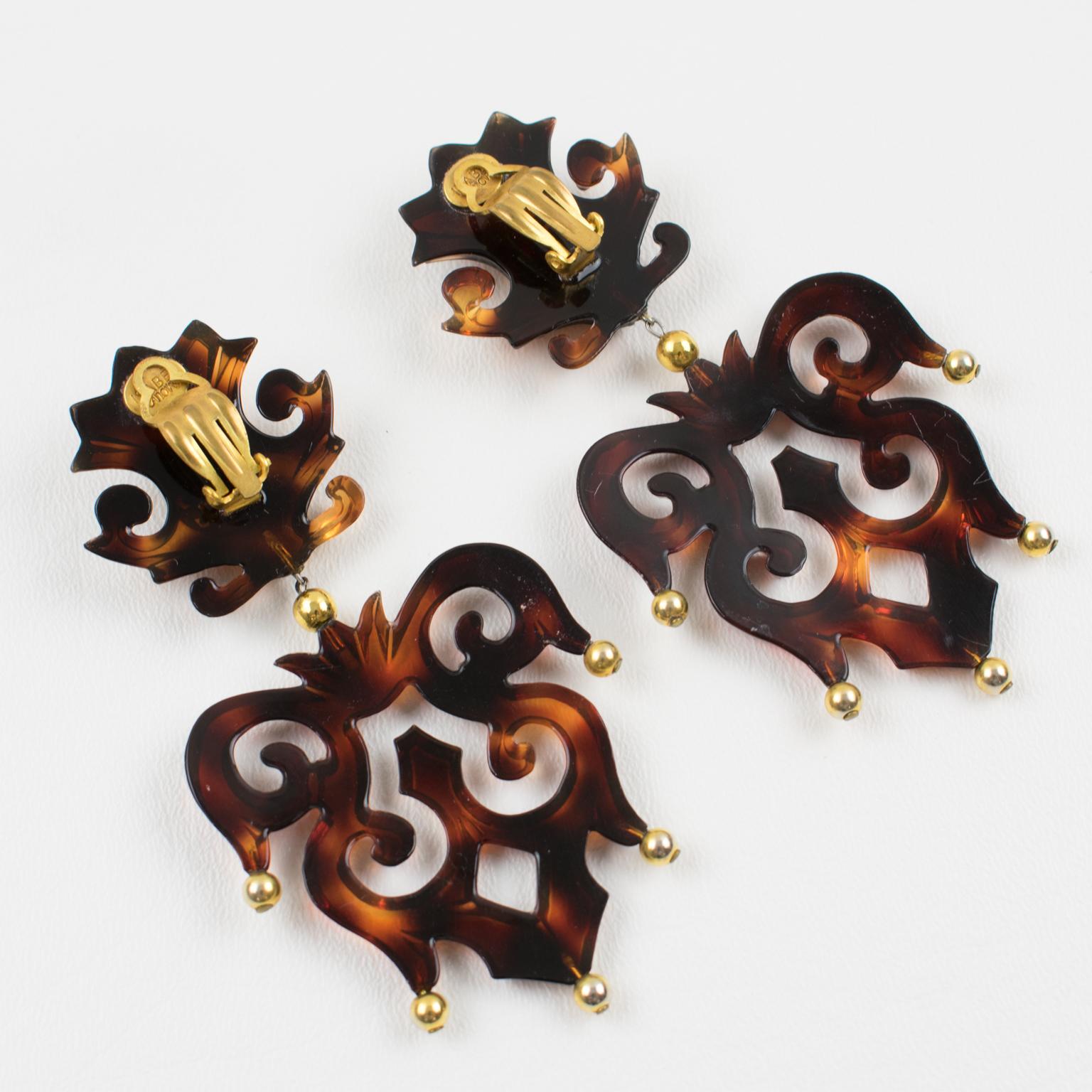 Artist Isabel Canovas Oversized Tortoise Resin Dangle Clip Earrings For Sale