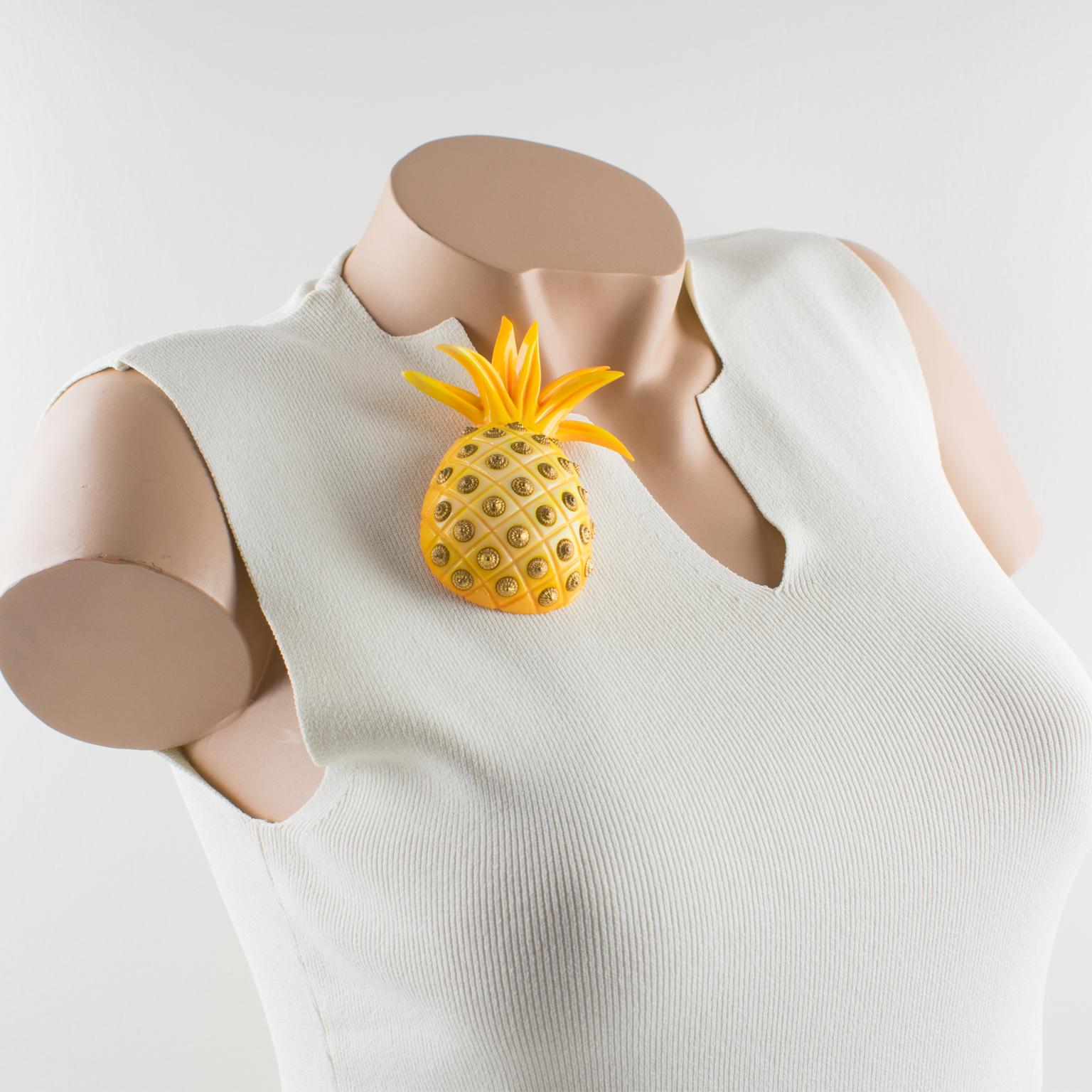 Artist Isabel Canovas Pineapple Carved Acrylic Lucite Brooch with Gilded Studs For Sale
