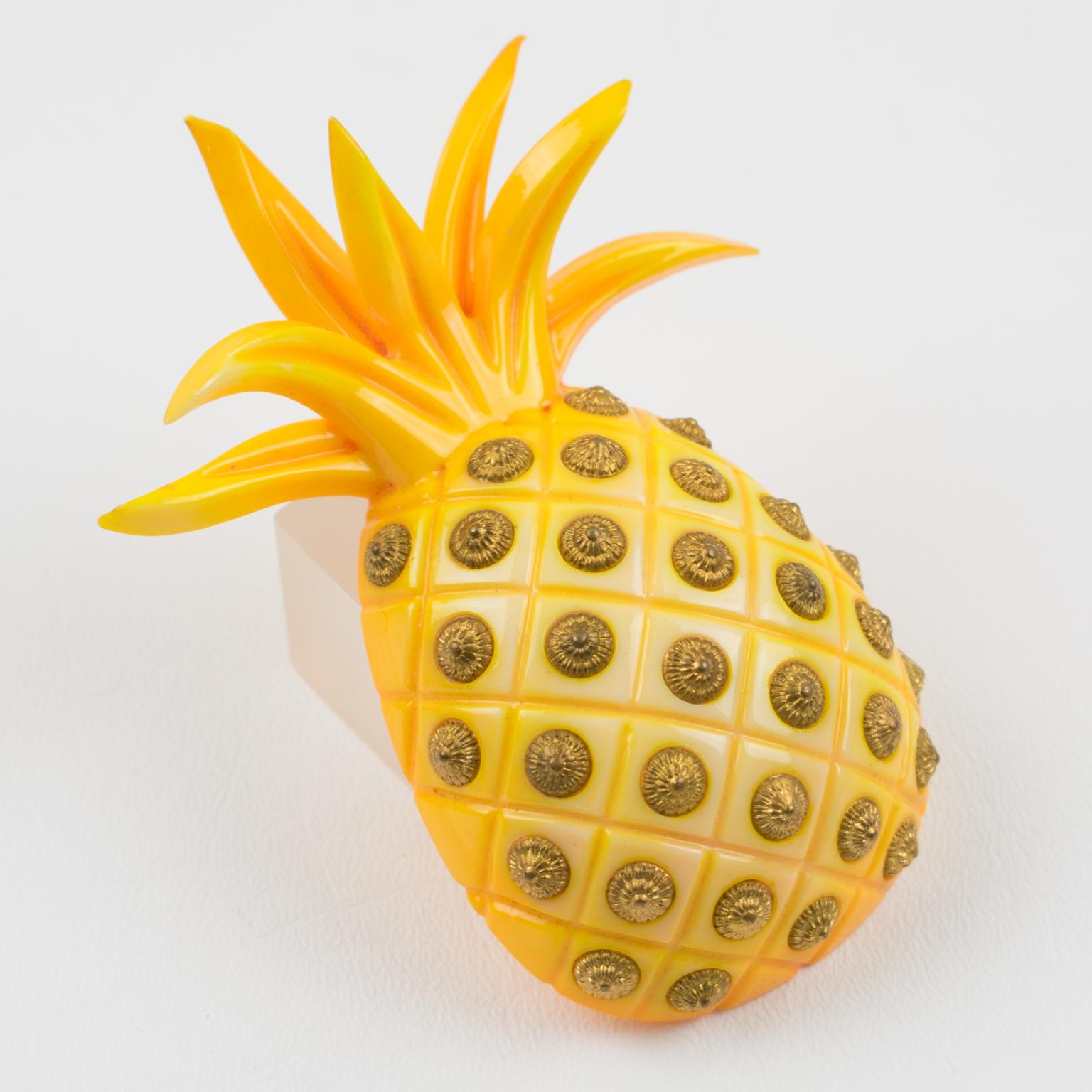Isabel Canovas Pineapple Carved Acrylic Lucite Brooch with Gilded Studs For Sale 2
