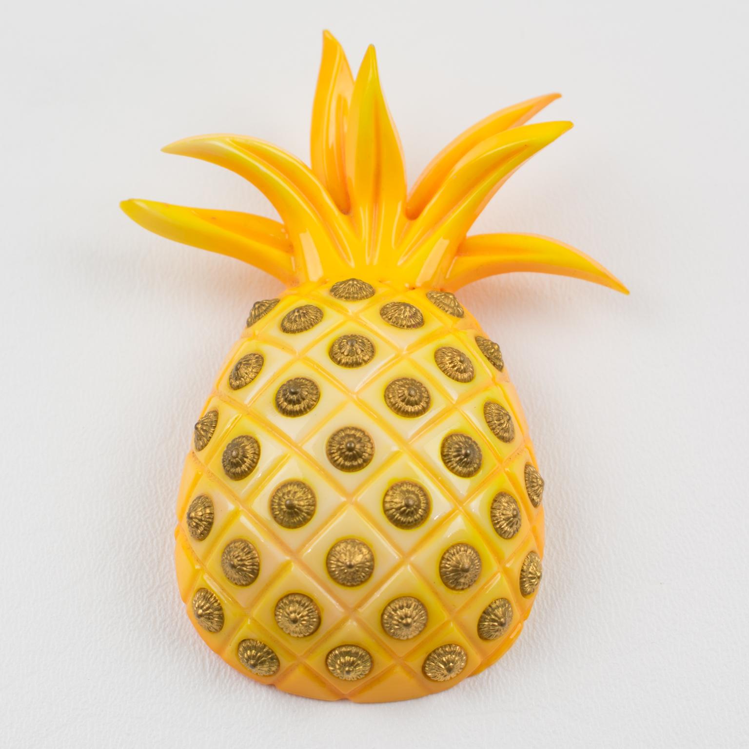 Isabel Canovas Pineapple Carved Acrylic Lucite Brooch with Gilded Studs For Sale 3
