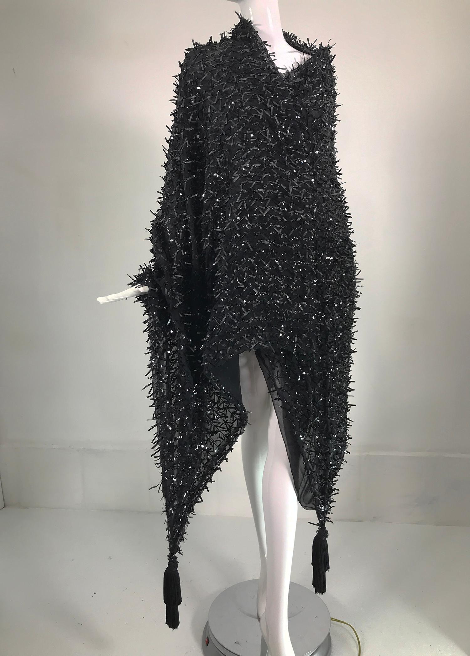 Isabel Canovas Rare Black Silk Sequin Ribbon & Tassel Evening Wrap 7