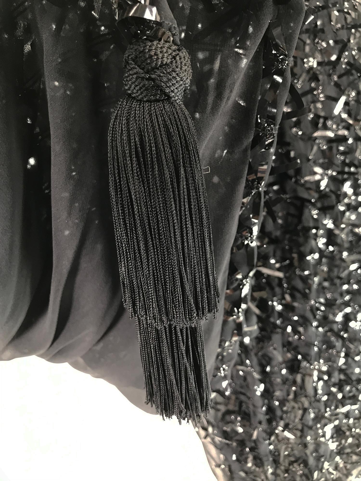 Isabel Canovas Rare Black Silk Sequin Ribbon & Tassel Evening Wrap  In Excellent Condition In West Palm Beach, FL