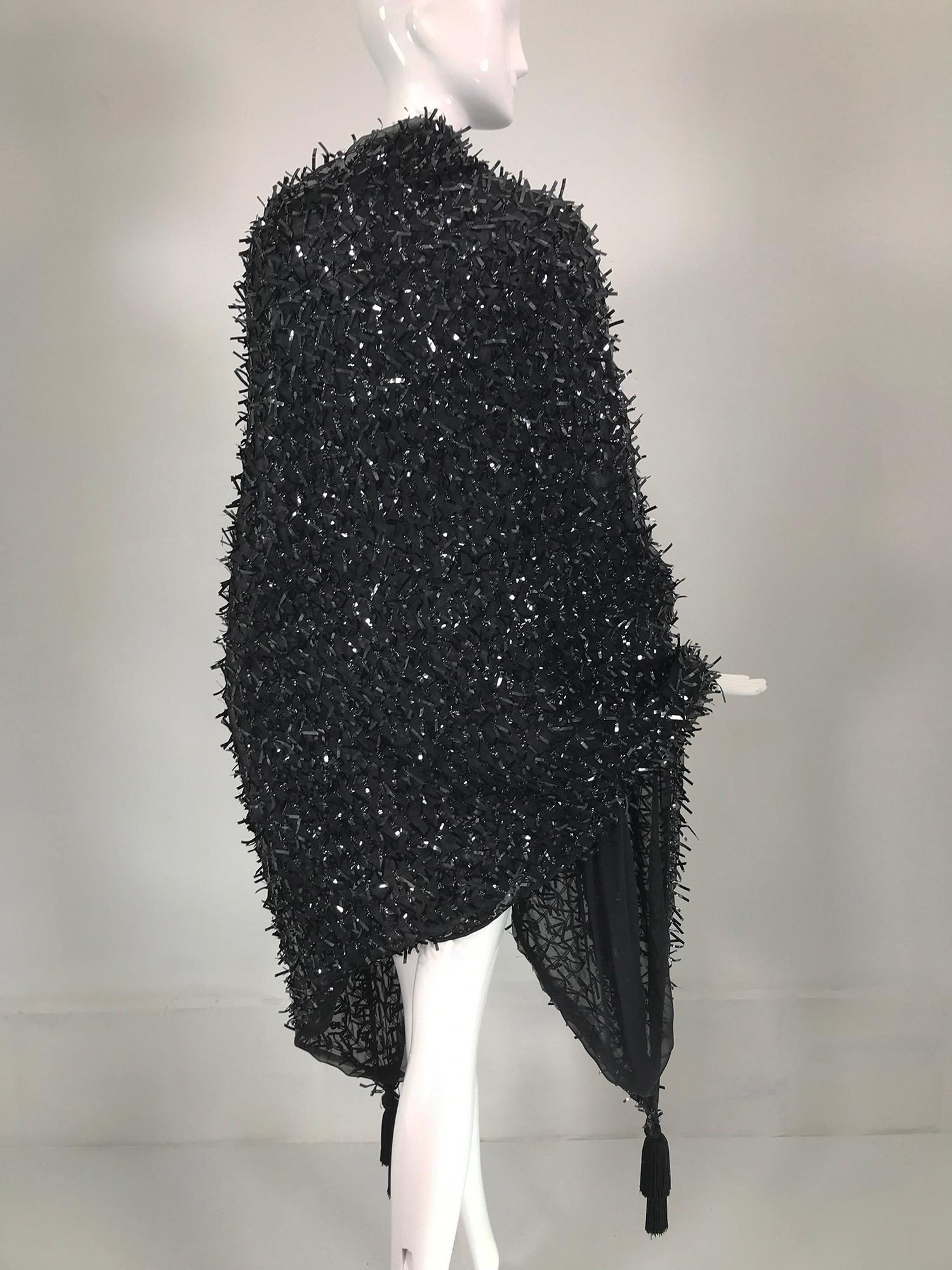 Isabel Canovas Rare Black Silk Sequin Ribbon & Tassel Evening Wrap 3